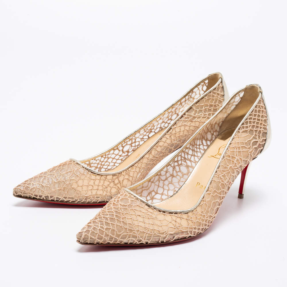 Pre Owned Christian Louboutin Beige/Metallic Mesh And Leather Saramor Pointed Toe Pumps Size 39.5