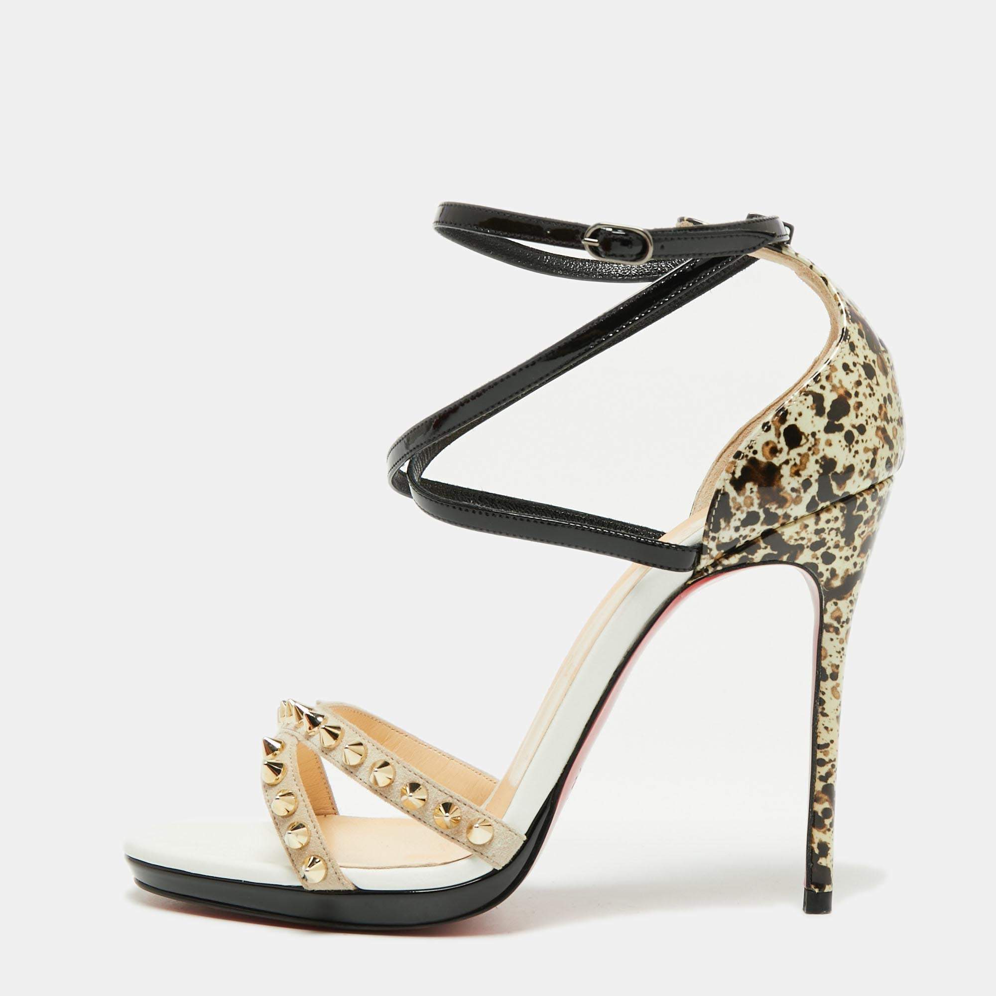 Pre Owned Christian Louboutin Tri-Color Printed Patent Leather and Suede Monocronana Spikes Ankle-Strap Sandals Size 36.5