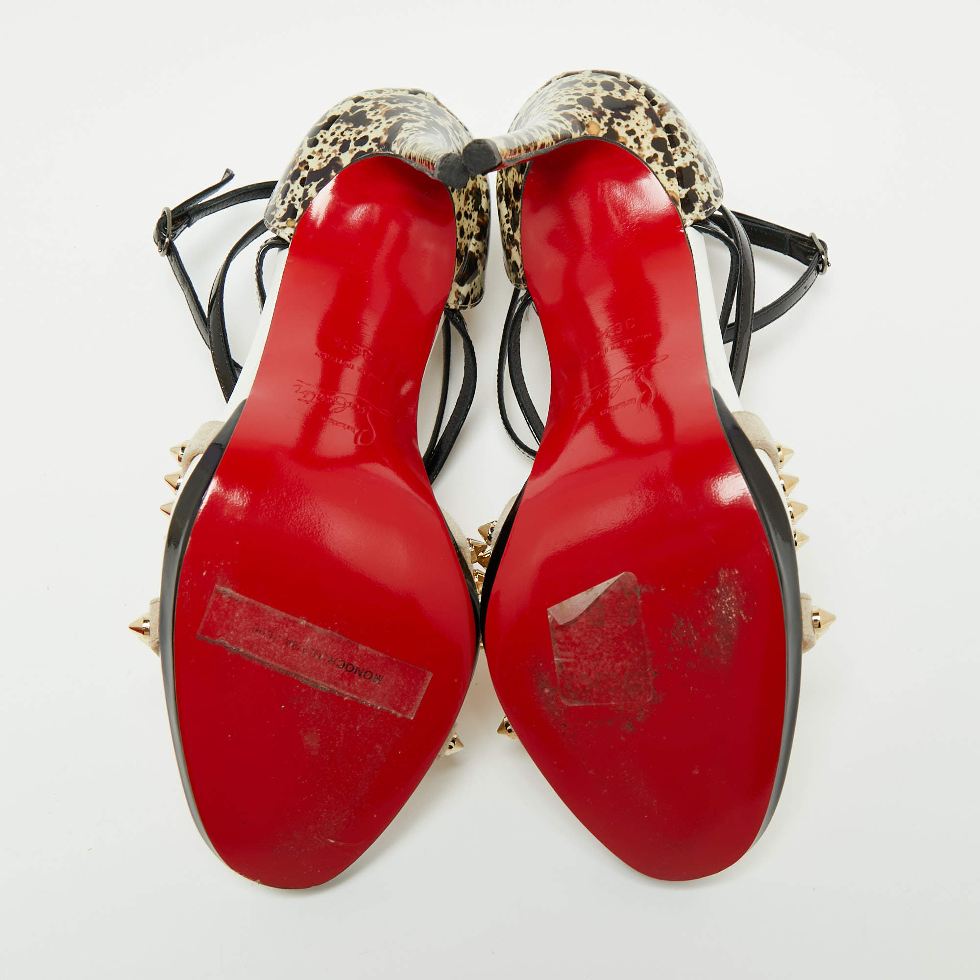 Pre Owned Christian Louboutin Tri-Color Printed Patent Leather and Suede Monocronana Spikes Ankle-Strap Sandals Size 36.5