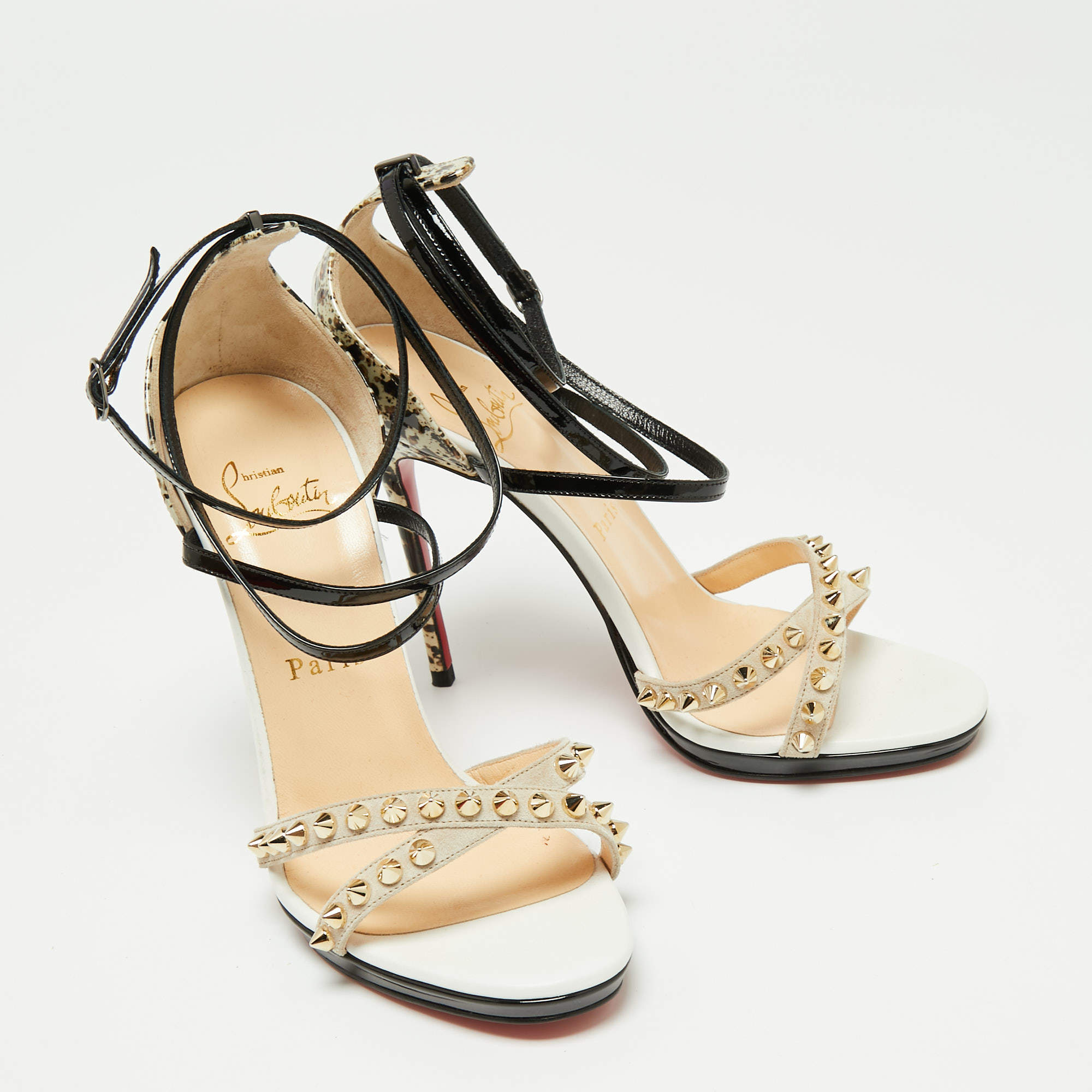 Pre Owned Christian Louboutin Tri-Color Printed Patent Leather and Suede Monocronana Spikes Ankle-Strap Sandals Size 36.5