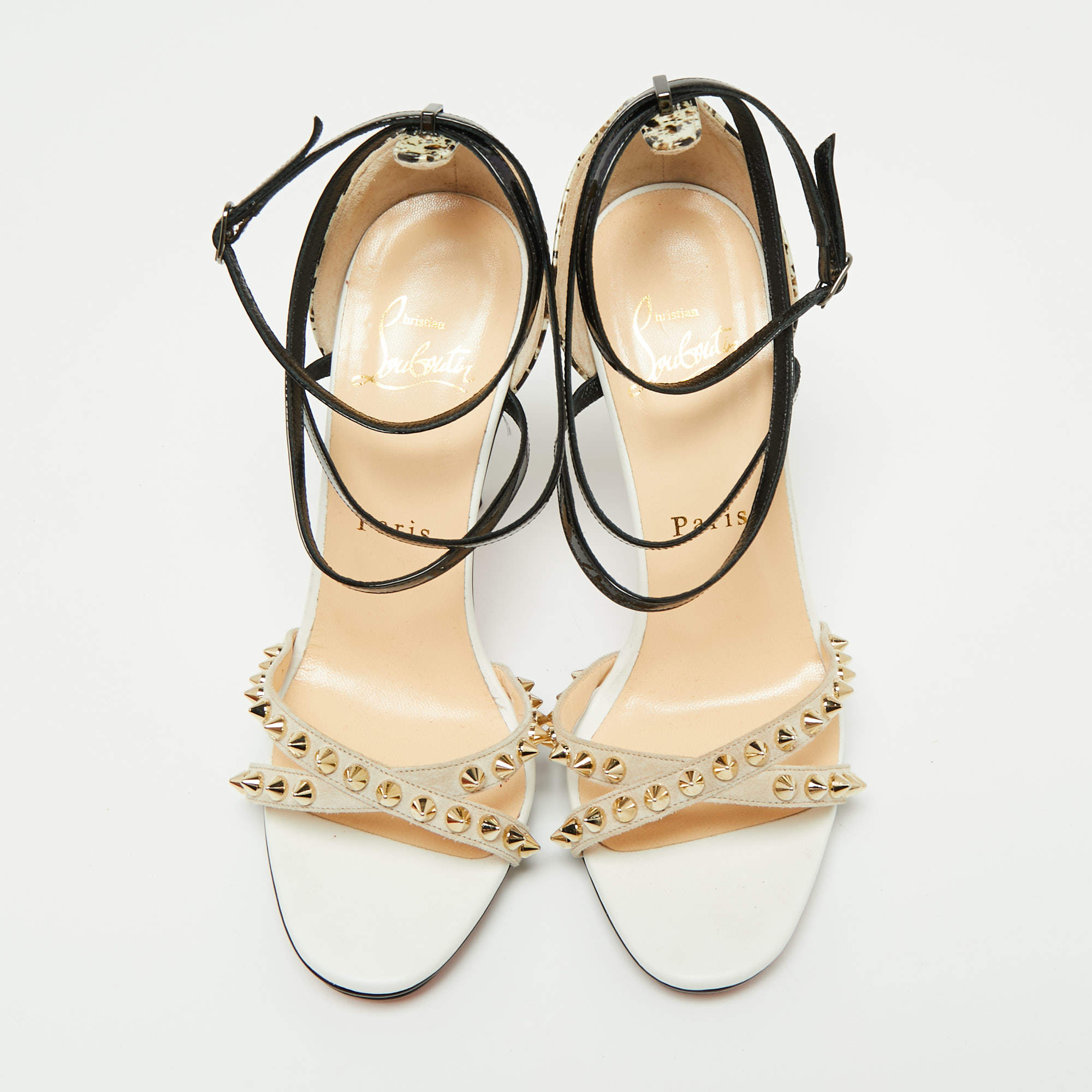 Pre Owned Christian Louboutin Tri-Color Printed Patent Leather and Suede Monocronana Spikes Ankle-Strap Sandals Size 36.5