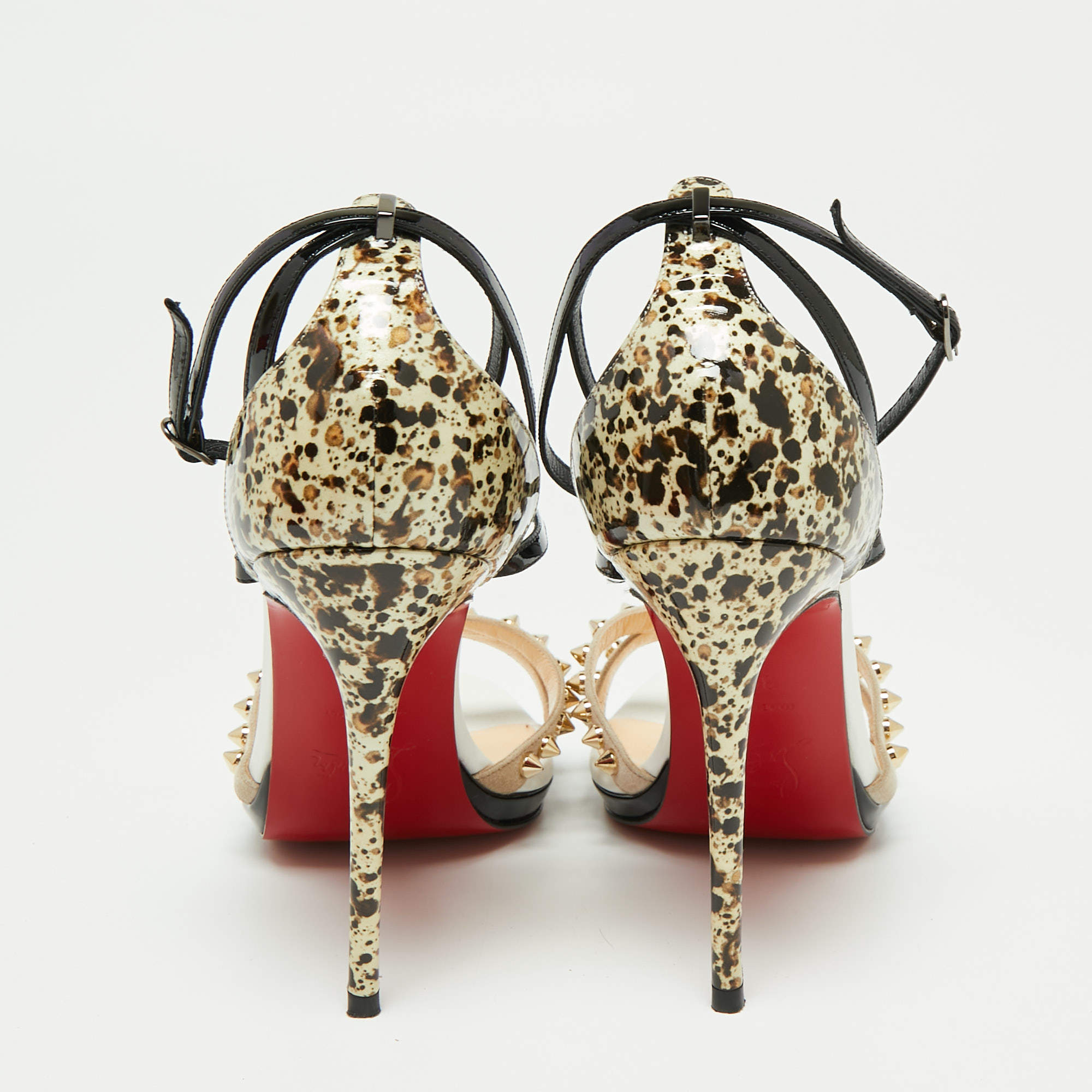 Pre Owned Christian Louboutin Tri-Color Printed Patent Leather and Suede Monocronana Spikes Ankle-Strap Sandals Size 36.5