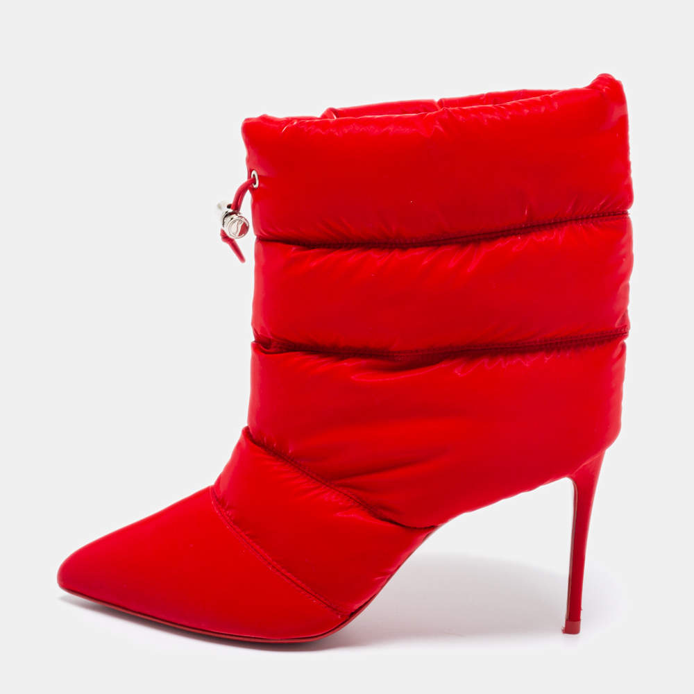 Pre Owned Christian Louboutin Red Padded Polyamide Fabric Astro Pointue Ankle Booties Size 37