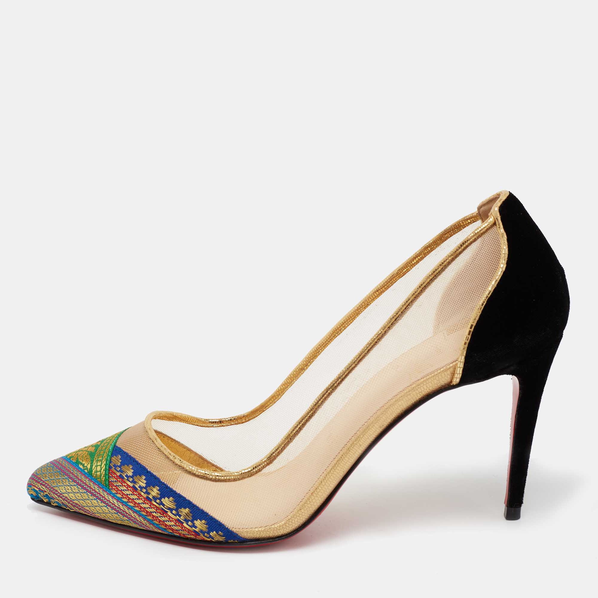Pre Owned Christian Louboutin Multicolor/Black Brocade Fabric, Velvet and Mesh Pumps Size 36.5