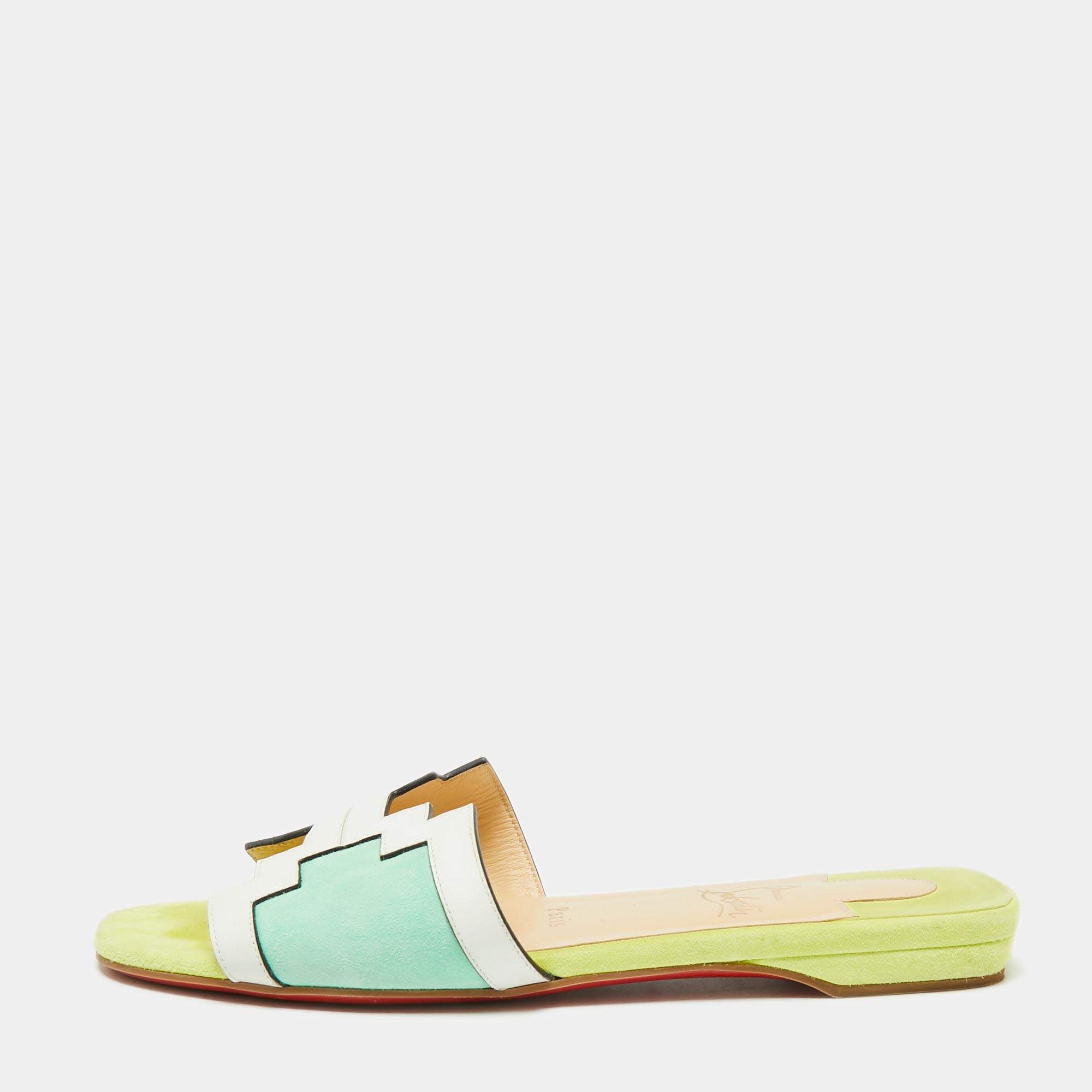 مملوكة مسبقًا حذاء سلايد فلات كريستيان لوبوتان هاو سويدي وجلد ثلاثي اللون مقاس 37