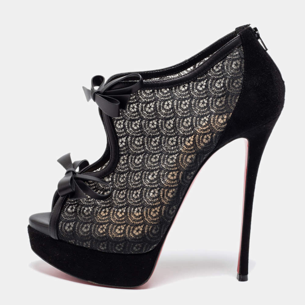 Pre Owned Christian Louboutin Black Lace and Suede Bow Empiralta Ankle Booties Size 38