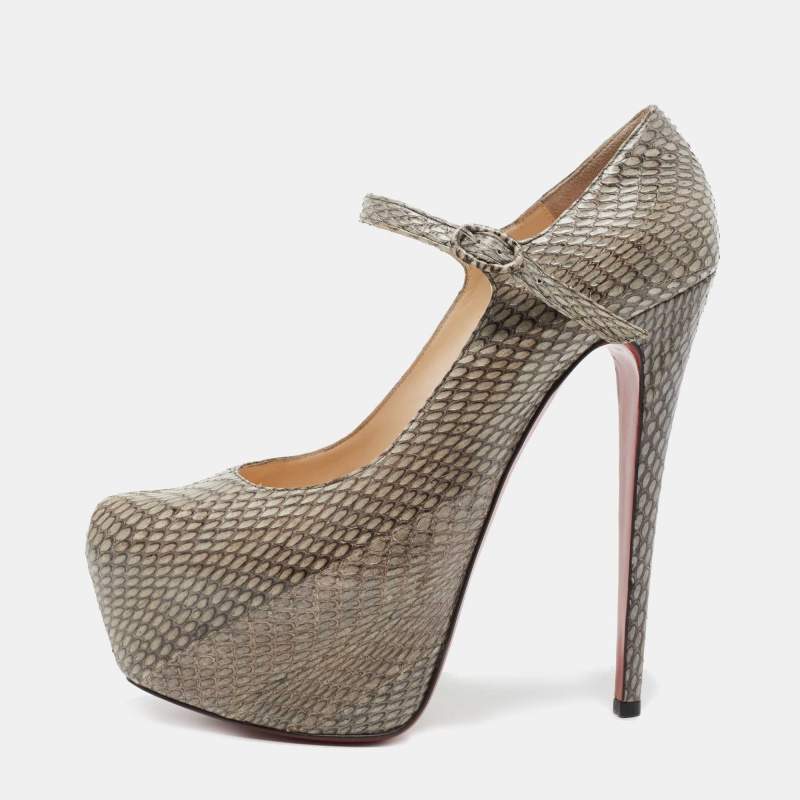 Pre Owned Christian Louboutin Grey Snakeskin Leather Lady Daf Mary Jane Pumps Size 41