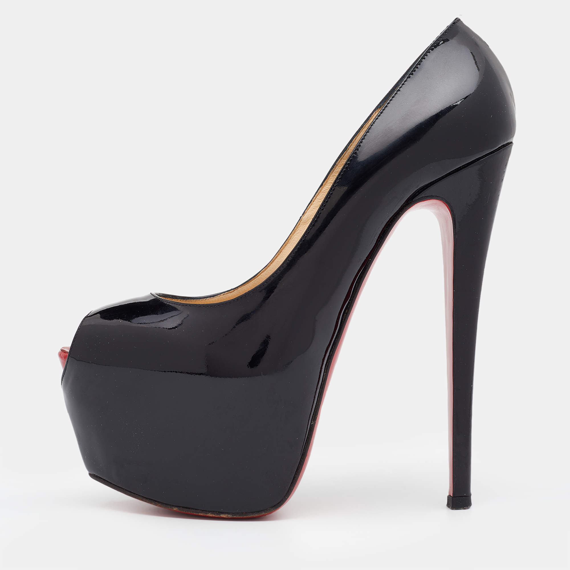 Christian Louboutin Black Patent Leather Highness Peep Toe Platform Pumps Size 37 Christian 9996