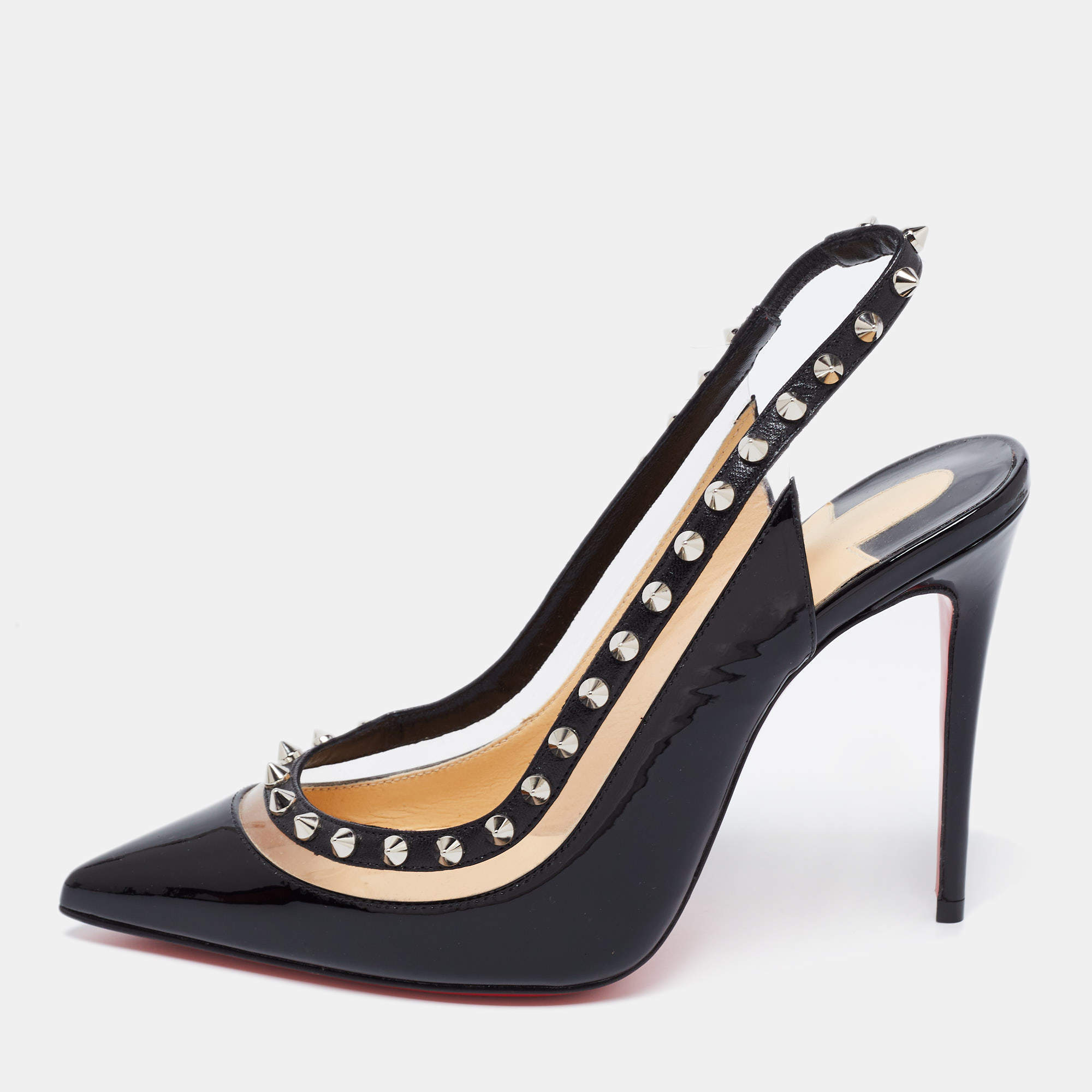 Christian Louboutin Black Patent Leather Brigadine Spike Slingback Sandals Size 36