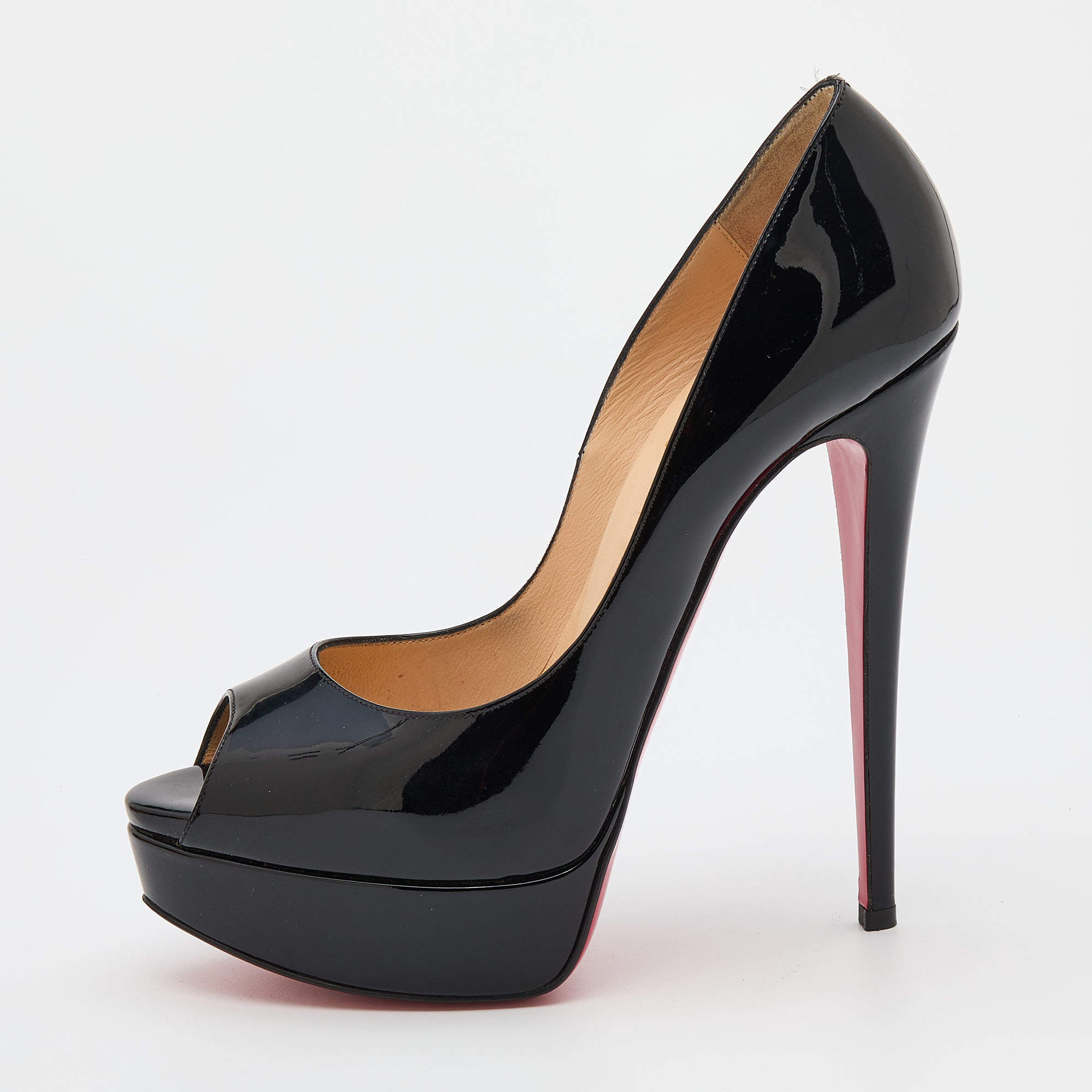 Pre Owned Christian Louboutin Black Patent Leather Lady Peep Toe Platform Pumps Size 38