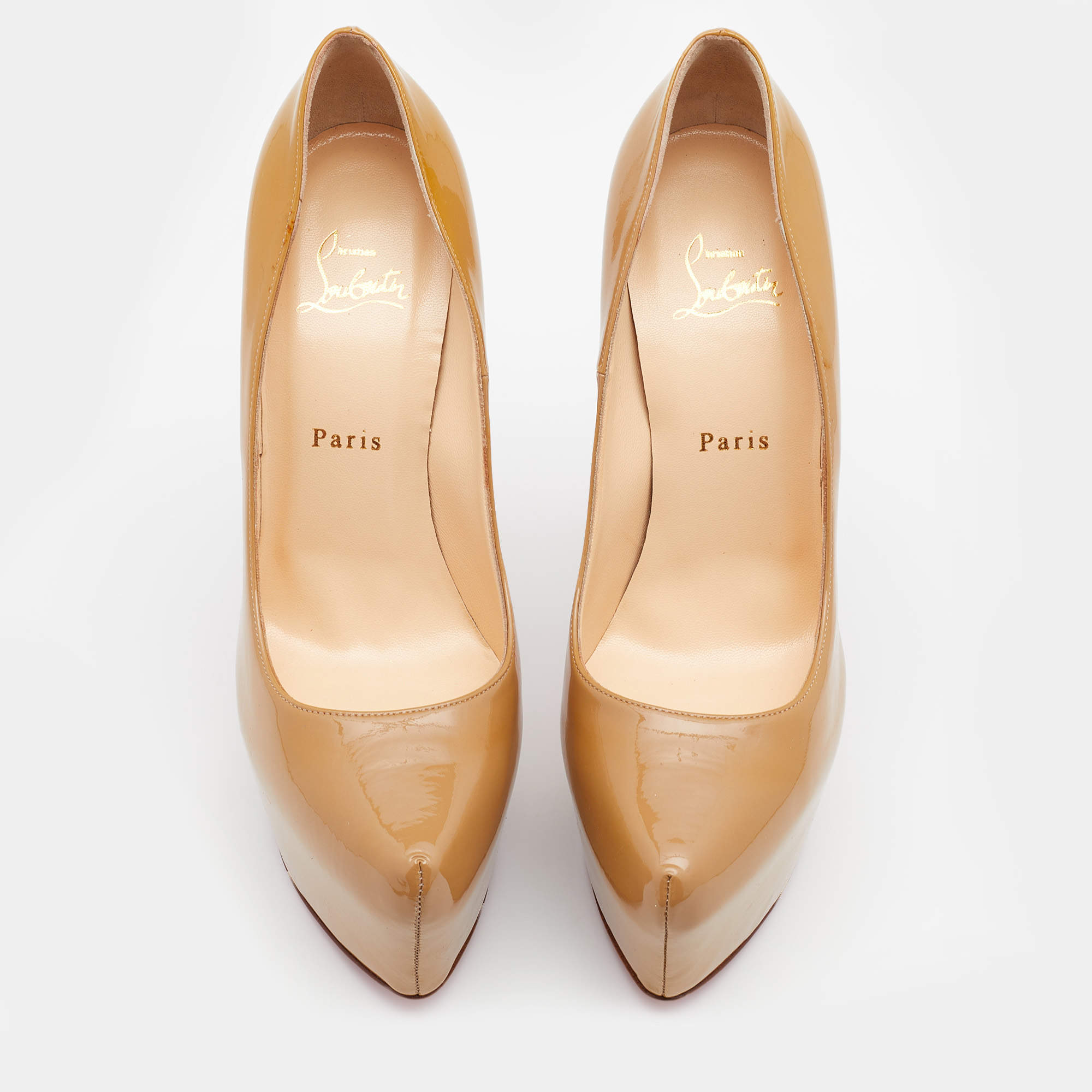 Pre Owned Christian Louboutin Beige Patent Leather Daffodile Platform Pumps Size 40
