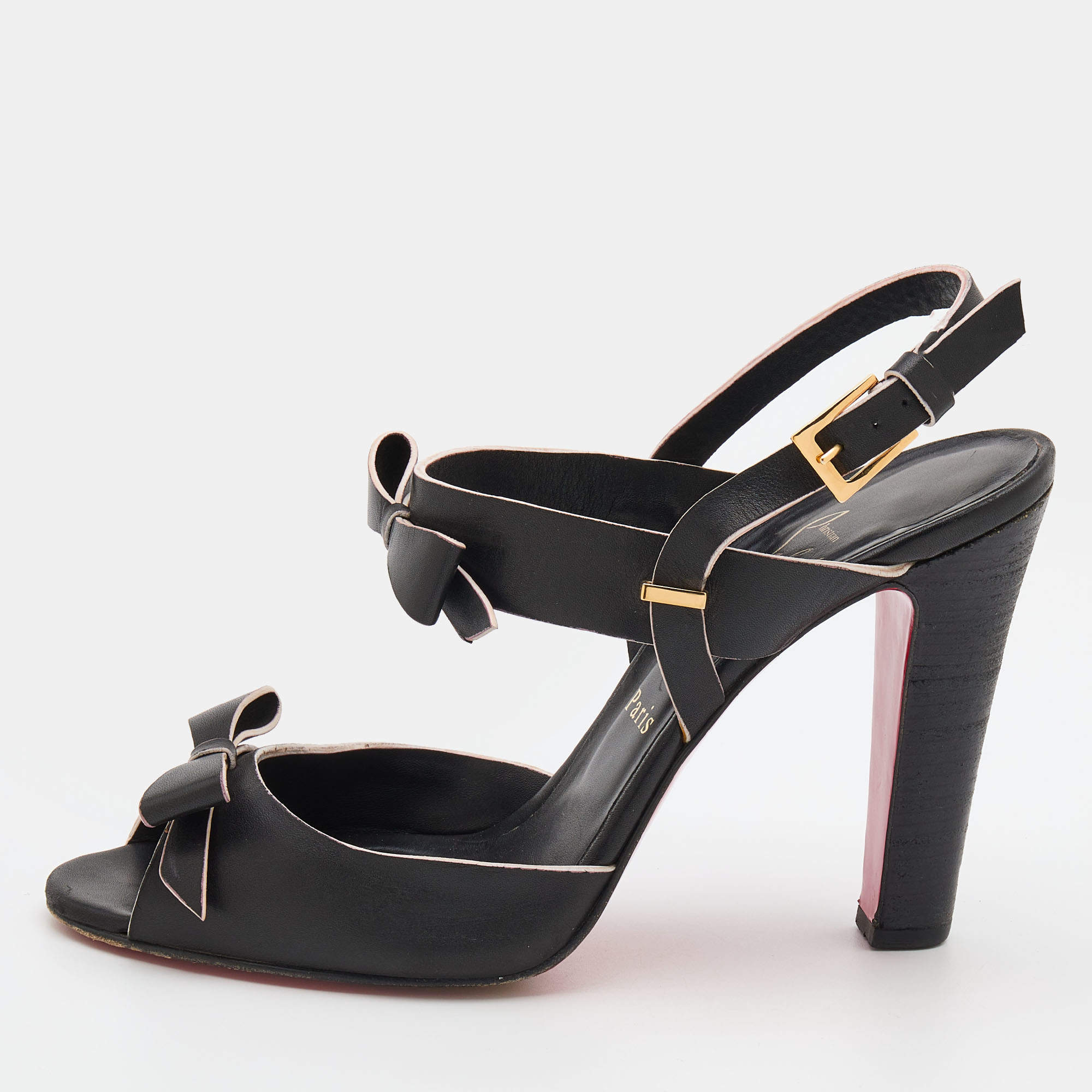 Christian Louboutin Black Leather Bow Open Toe Ankle Strap Sandals Size 40