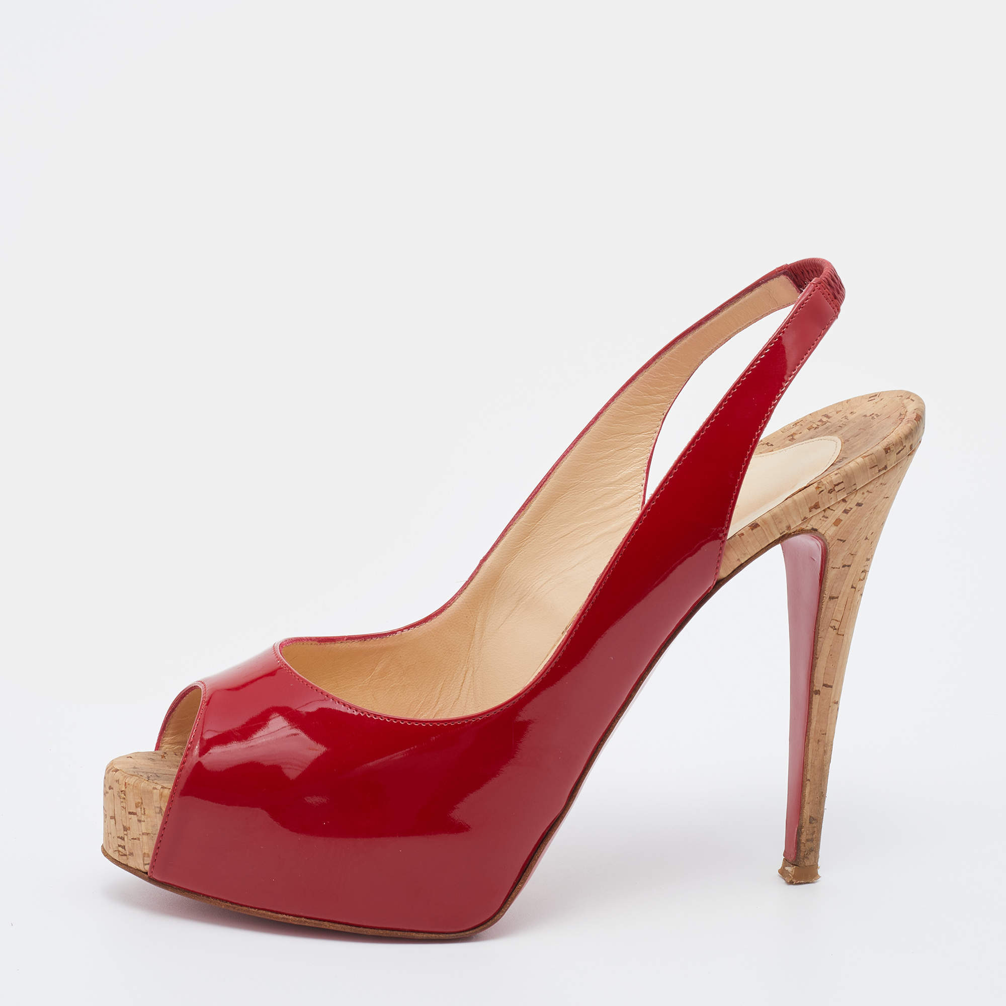 Pre Owned Christian Louboutin Red Patent Leather So Private 120 Cork Slingback Platform Sandals Size 39.5