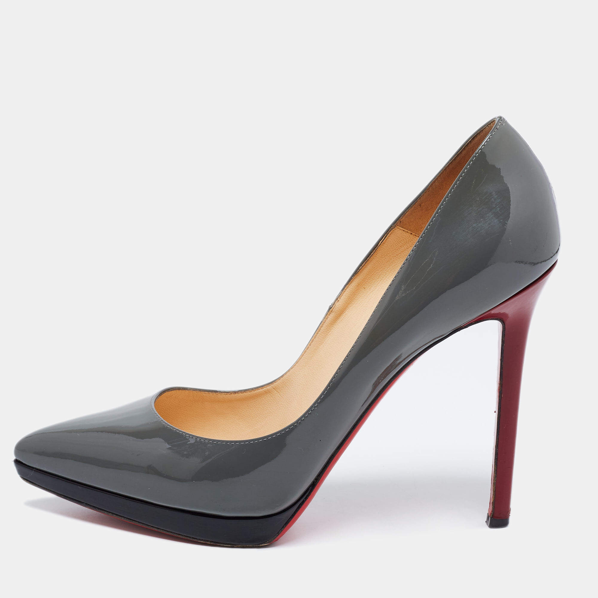 Pre Owned Christian Louboutin Grey Patent Leather Pigalle Plato Pumps Size 40.5