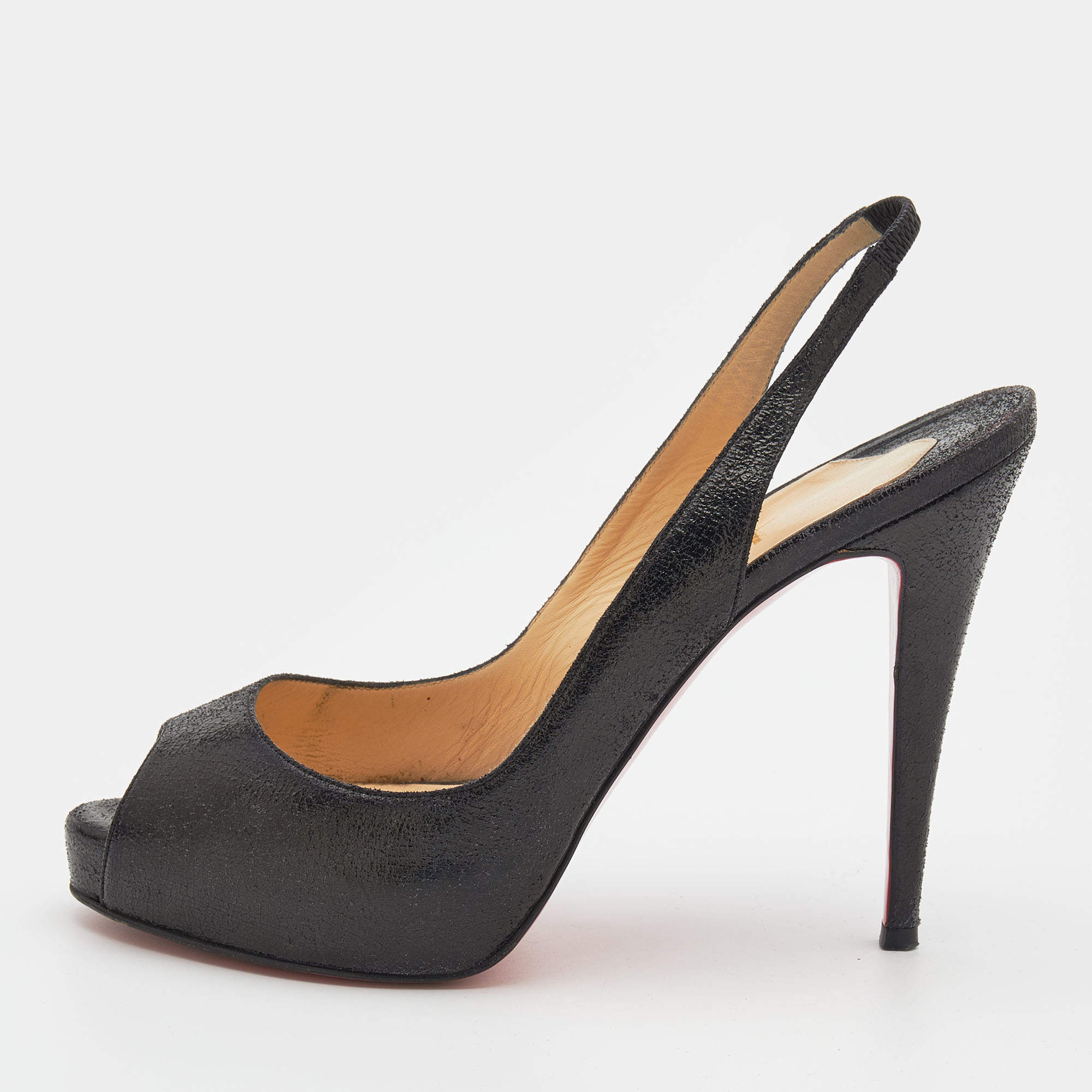 Pre Owned صندل كريستيان لوبوتان نو برايف جلد مجعد أسود بحزام للكاحل نعل سميك مقاس 39