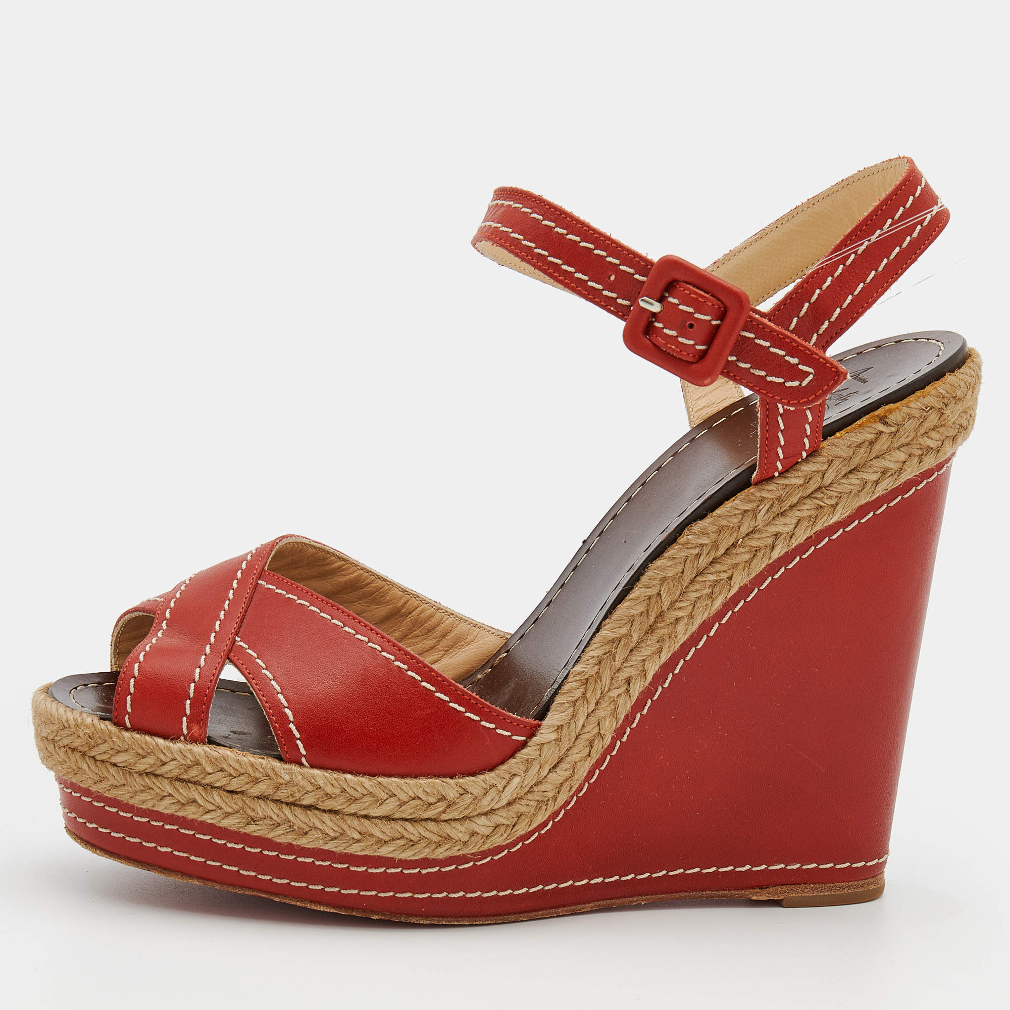 Pre Owned Christian Louboutin Red Leather Almeria Cross Strap Espadrille Wedge Sandals Size 39