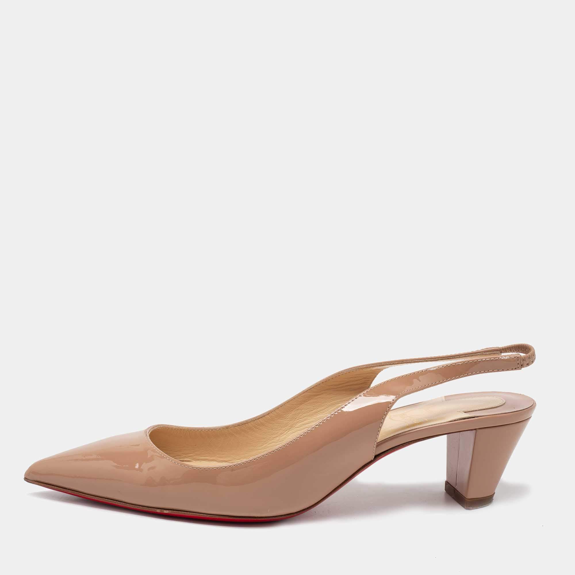 Pre Owned Christian Louboutin Beige Patent Leather Karelli Slingback Sandals Size 38