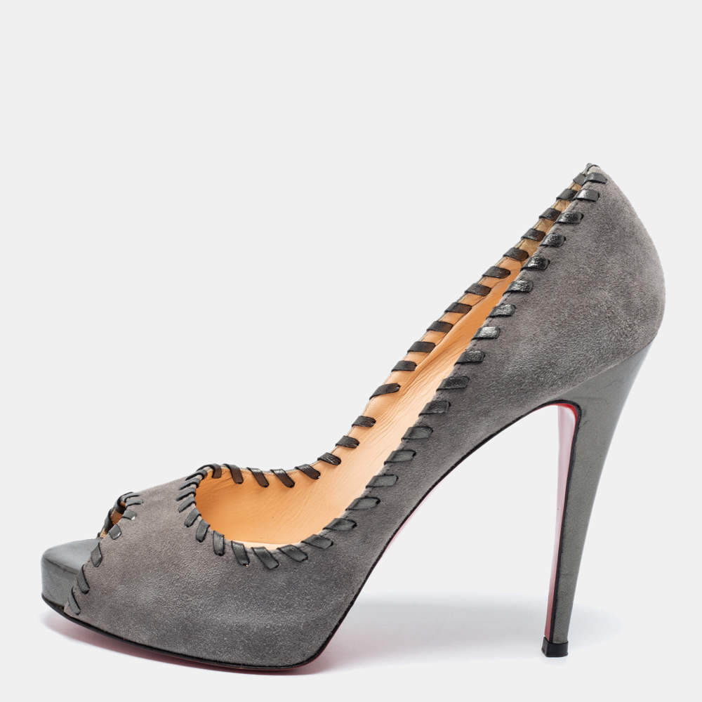 Christian Louboutin Grey Suede Whipstitch Very Prive Peep-Toe Pumps Size 41