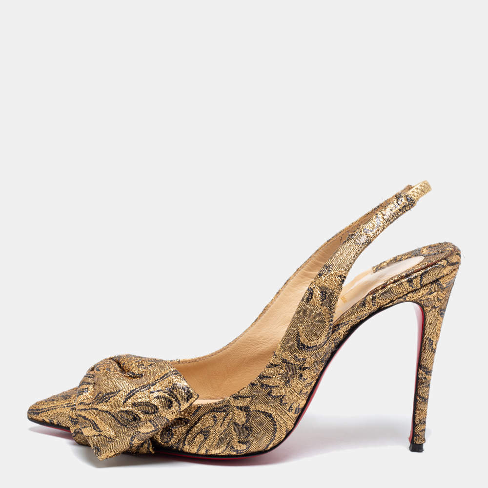 Pre Owned Christian Louboutin Gold Brocade Fabric Kirazissimo Slingback Sandals Size 37.5