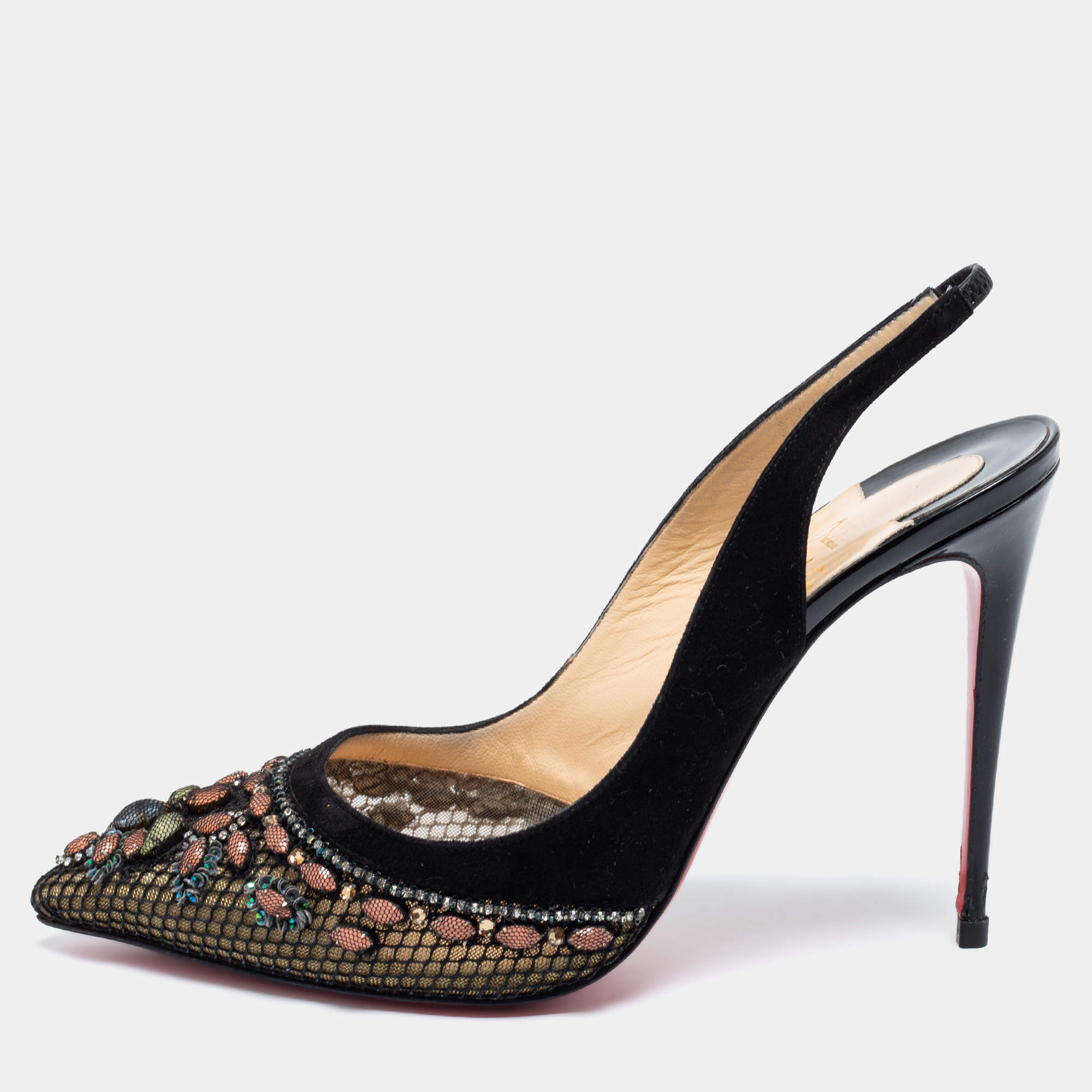 Pre Owned Christian Louboutin Black Suede And Mesh Crystal Embellished Slingback Sandals Size 41