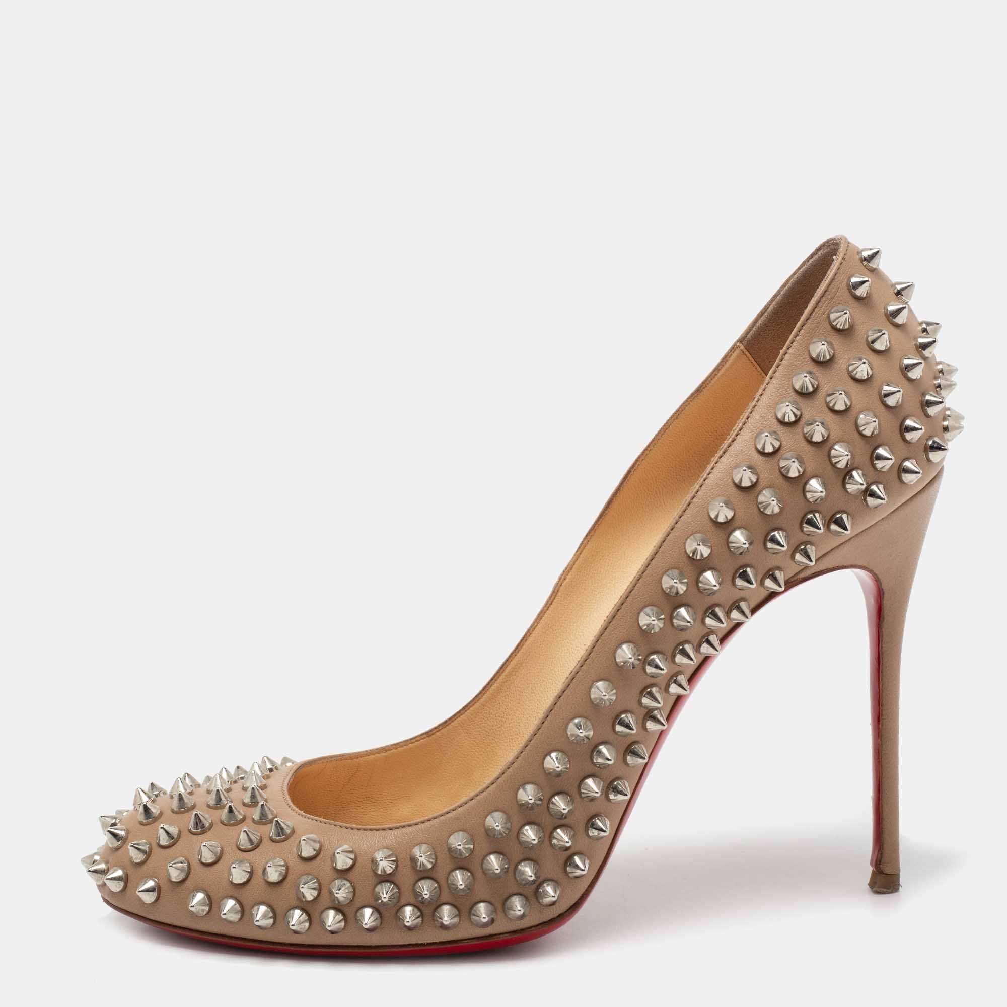 Pre Owned Christian Louboutin Beige Leather Fifi Spikes Pumps Size 41