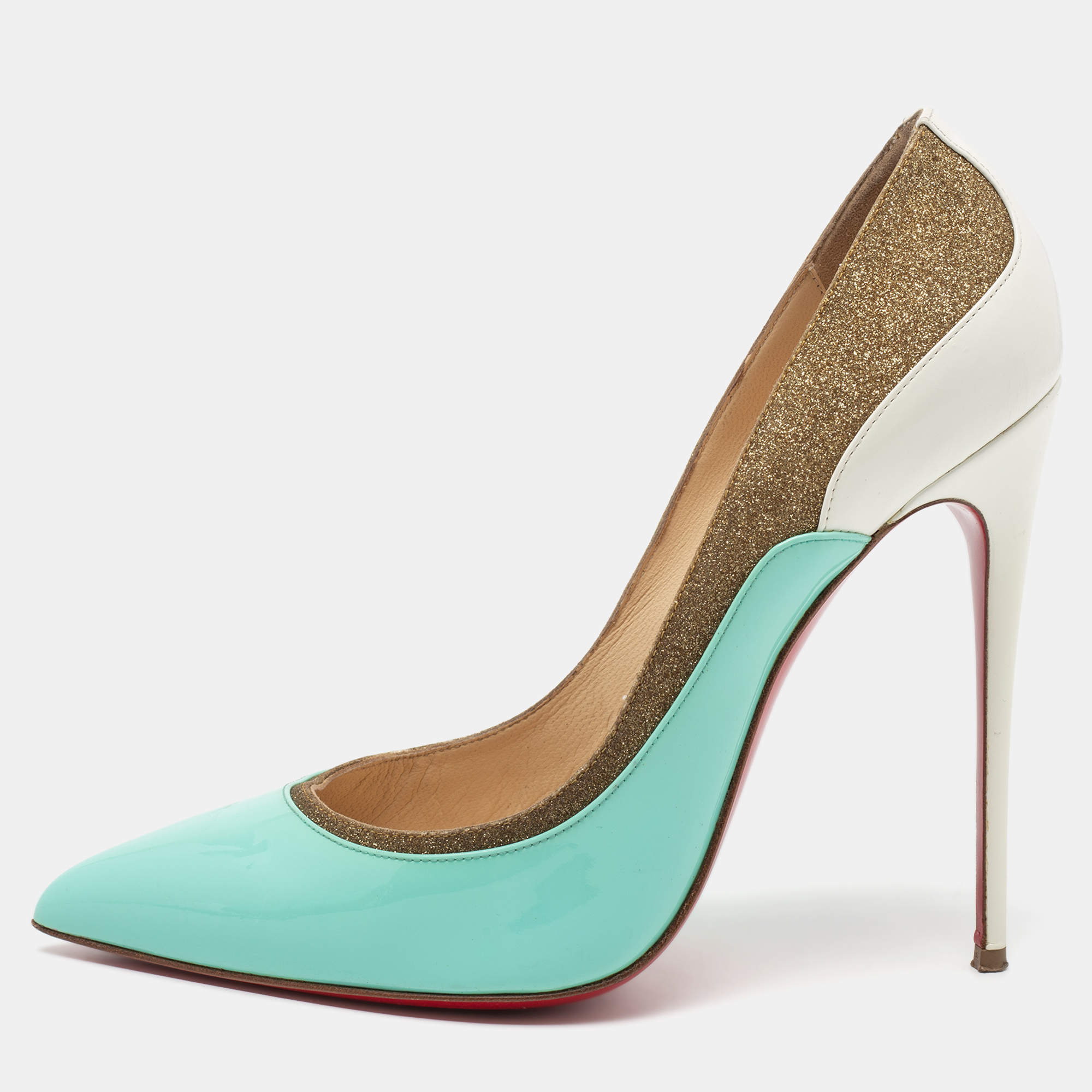 Pre Owned Christian Louboutin Tri-Color Patent Leather and Glitter Tucsick Pumps Size 41