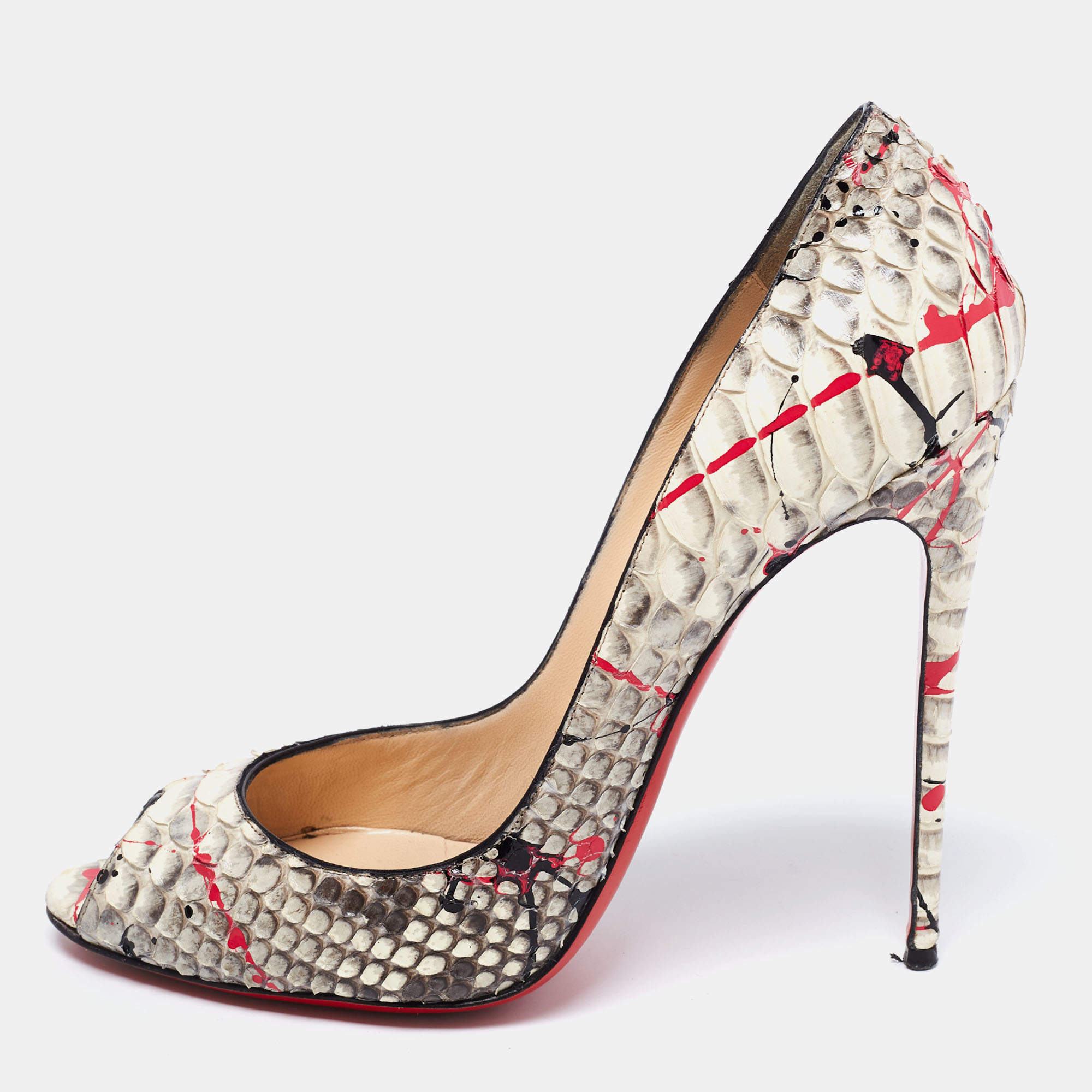 Pre Owned Christian Louboutin Multicolor Painted Splatter Python Peep Toe Pumps Size 41