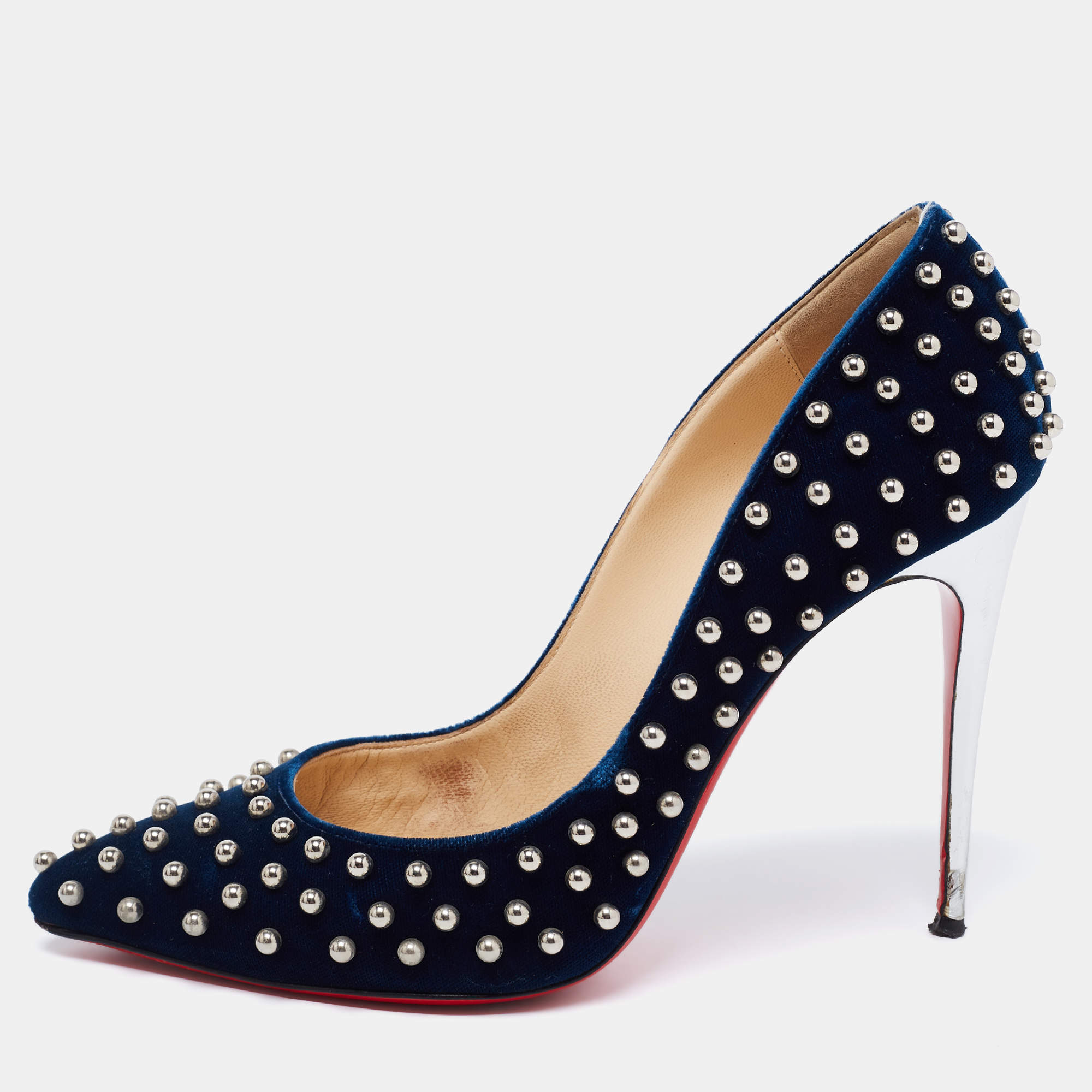 Pre Owned حذاء كعب عالي كريستيان لوبوتان إيكليبس بيللي قطيفة أزرق ميد نايت  مرصع مقاس 41