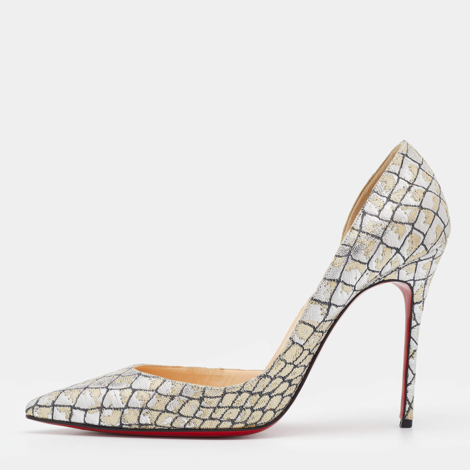 مملوكة مسبقًا حذاء كعب عالي كريستيان لوبوتان دورساي إيريزا قماش لوركس ميتالك فضي/ذهبي مقدمة مدببة مقاس 39.5