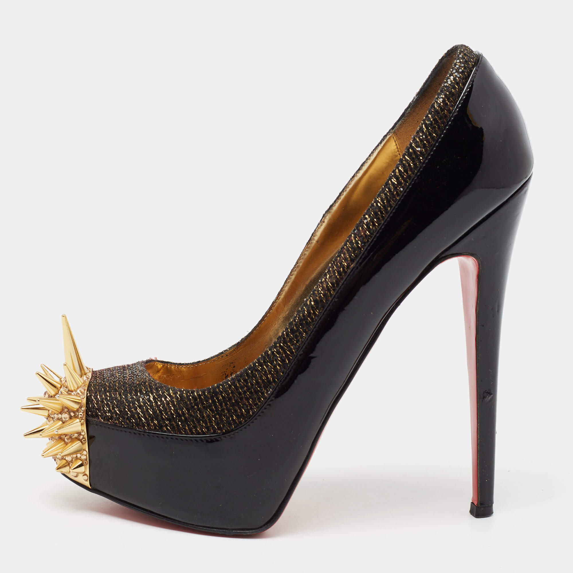 Pre Owned Christian Louboutin Black/Gold Patent Leather And Lamé Fabric Asteroid Spike Platform Pumps Size 38
