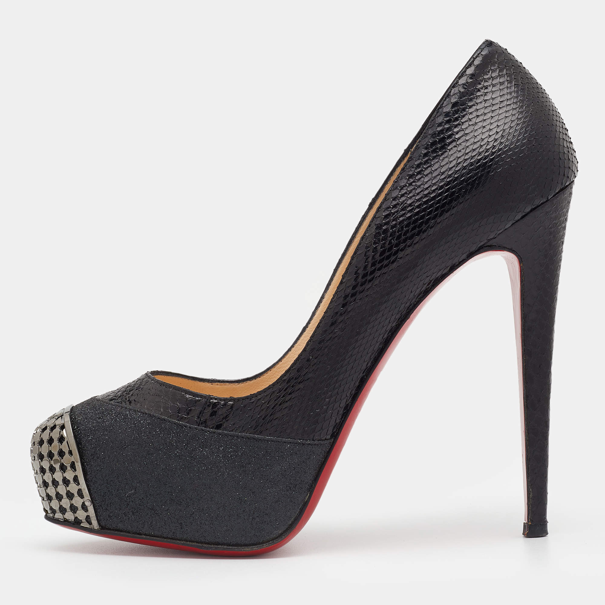 Pre Owned Christian Louboutin Black Snakeskin And Glitter Fabric Maggie Embellished Cap Toe Platform Pumps Size 39