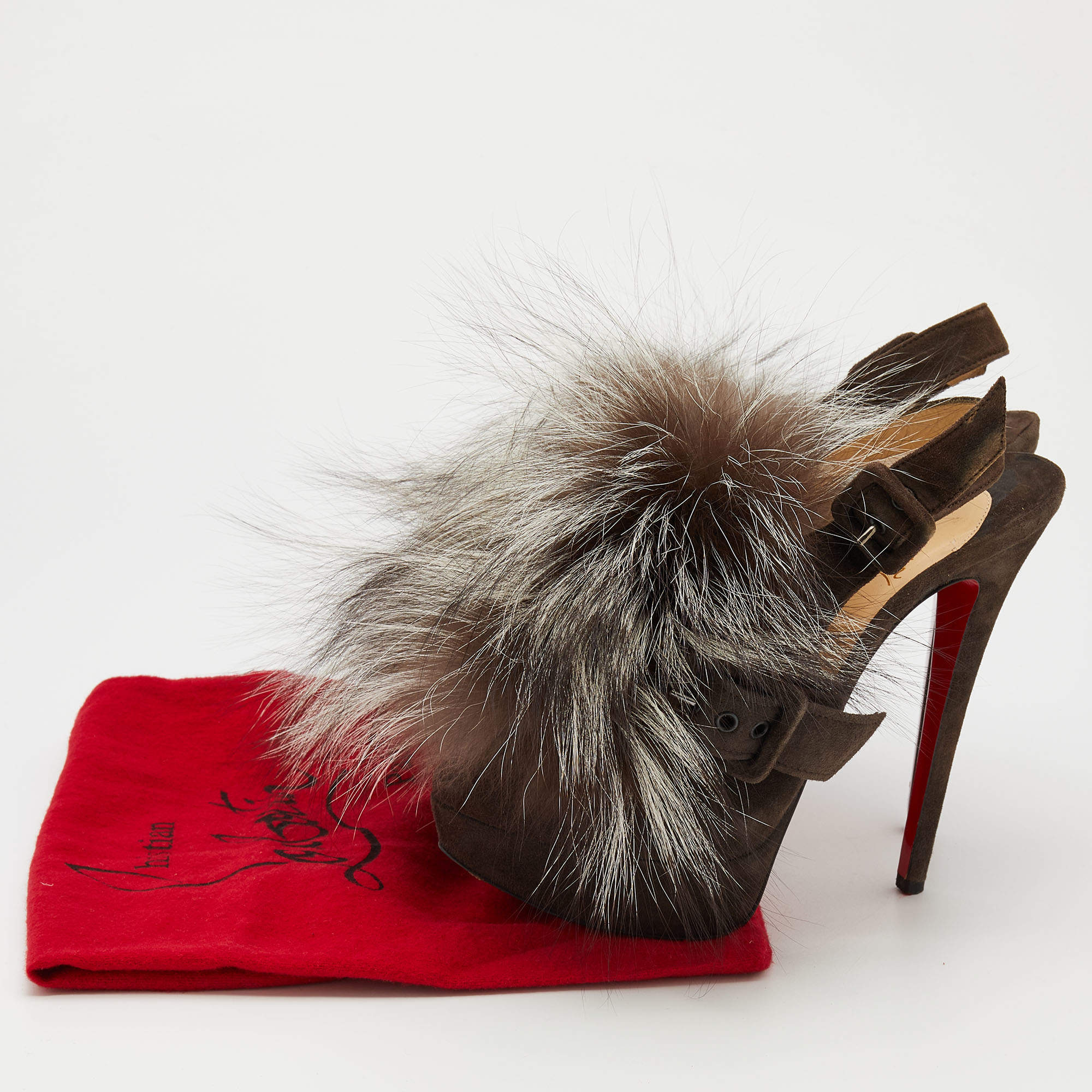 Pre Owned Christian Louboutin Brown Suede Splash Fur Platform Slingback Sandals Size 37.5