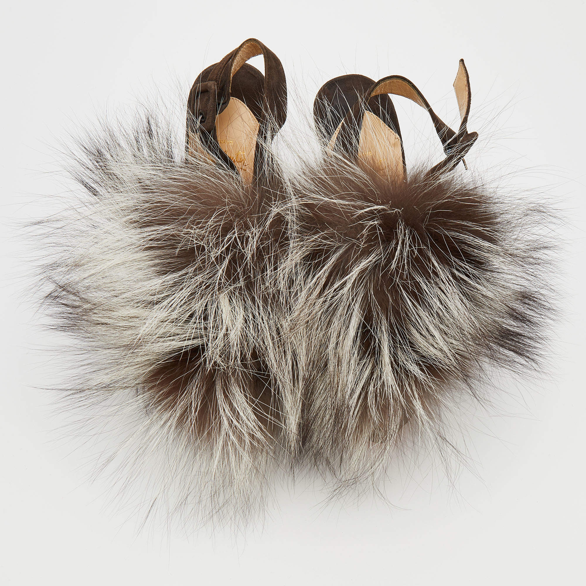 Pre Owned Christian Louboutin Brown Suede Splash Fur Platform Slingback Sandals Size 37.5