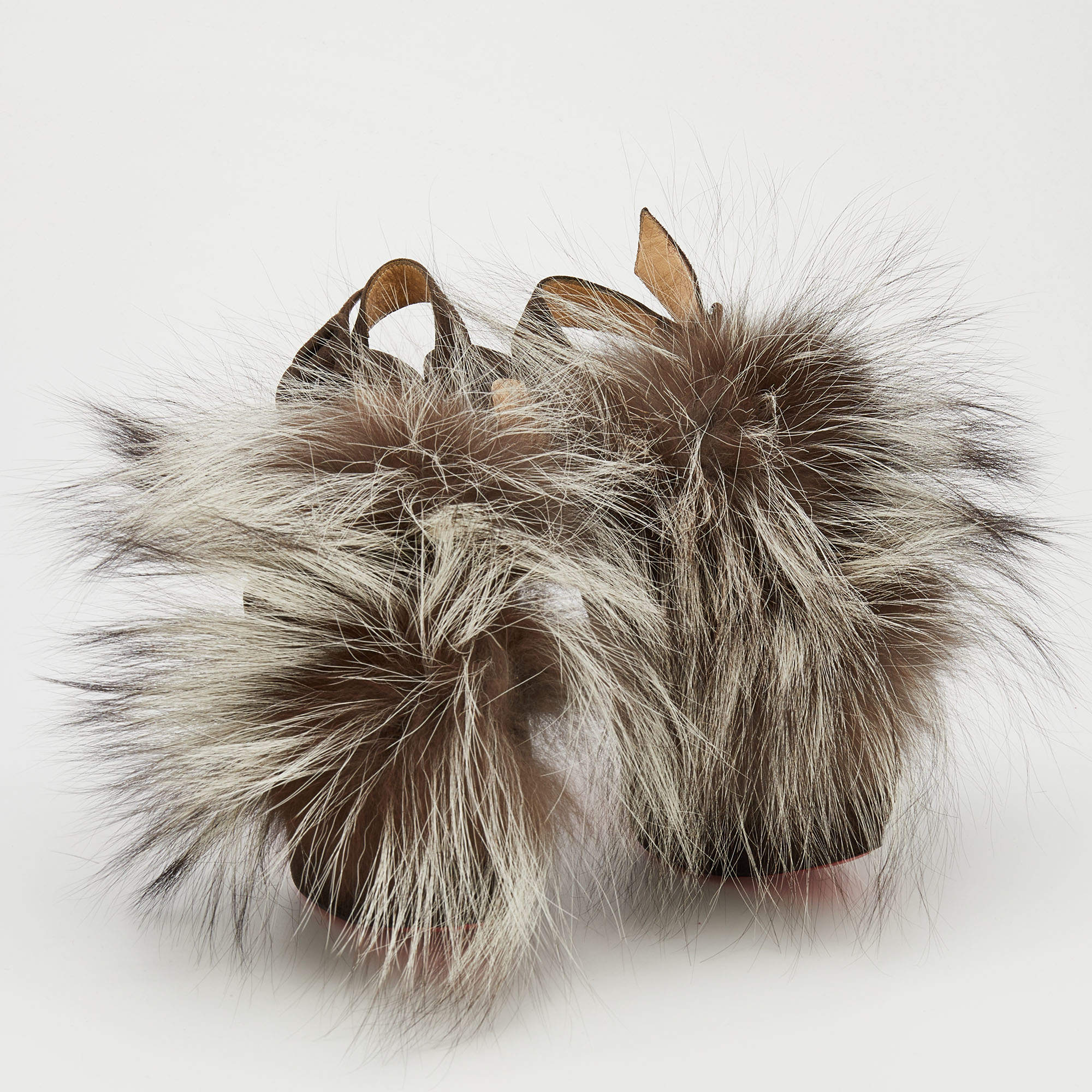 Pre Owned Christian Louboutin Brown Suede Splash Fur Platform Slingback Sandals Size 37.5