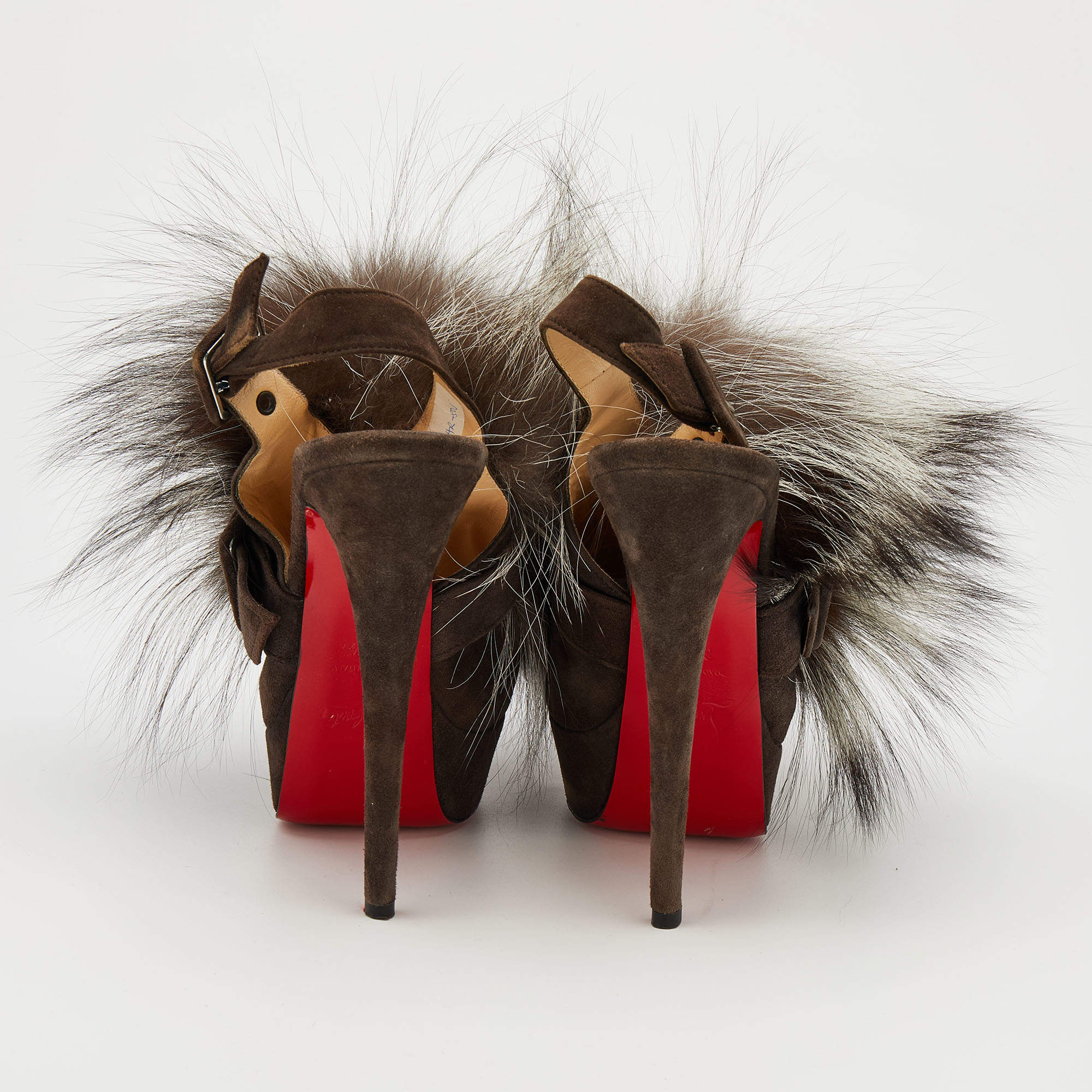 Pre Owned Christian Louboutin Brown Suede Splash Fur Platform Slingback Sandals Size 37.5
