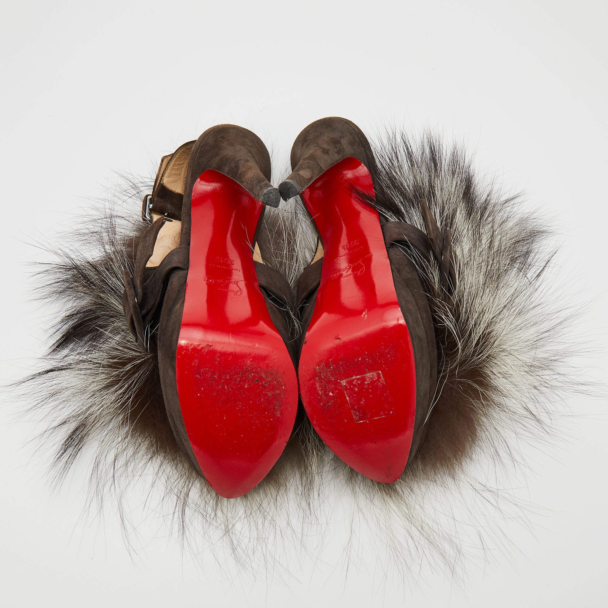 Pre Owned Christian Louboutin Brown Suede Splash Fur Platform Slingback Sandals Size 37.5