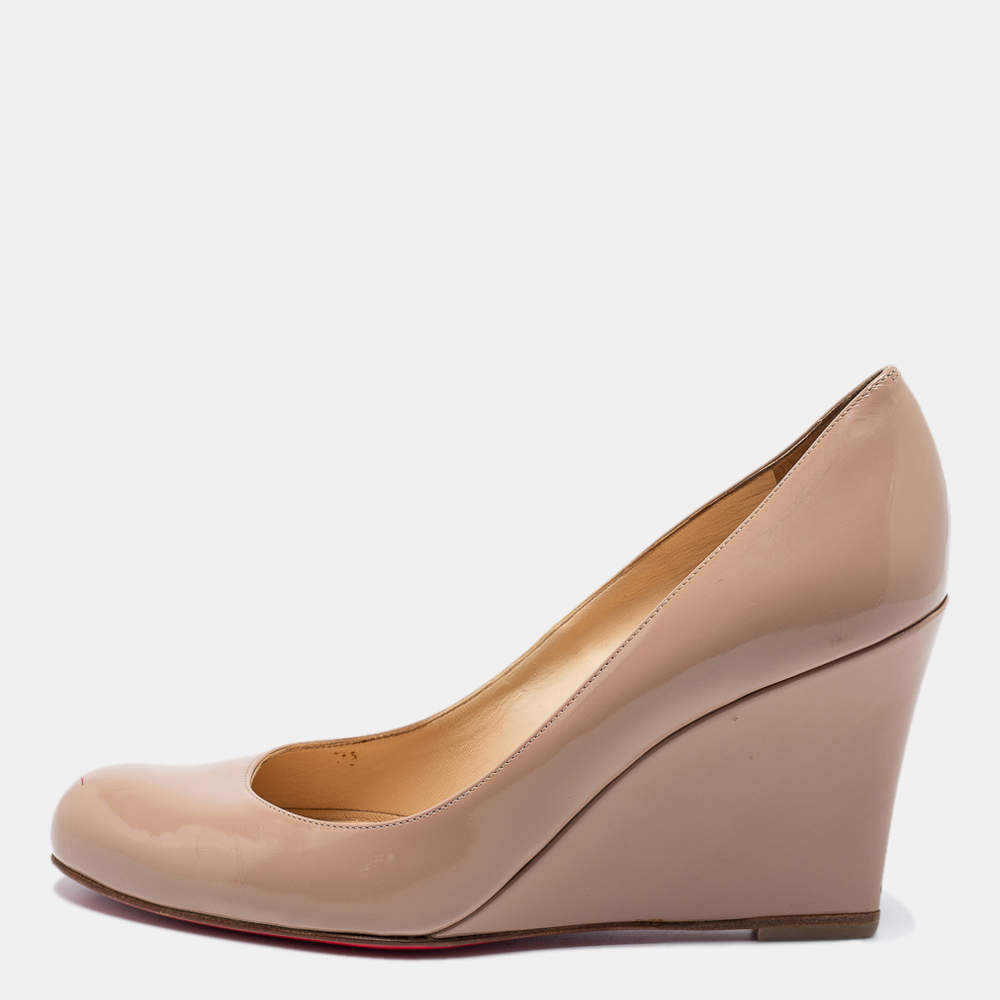 Pre Owned Christian Louboutin Beige Patent Leather RonRon Zeppa Wedge Pumps Size 38