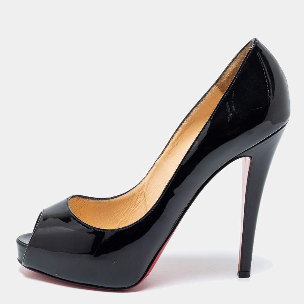Pre Owned Christian Louboutin Black Patent Leather Very Prive Peep-Toe Pumps Size 38.5