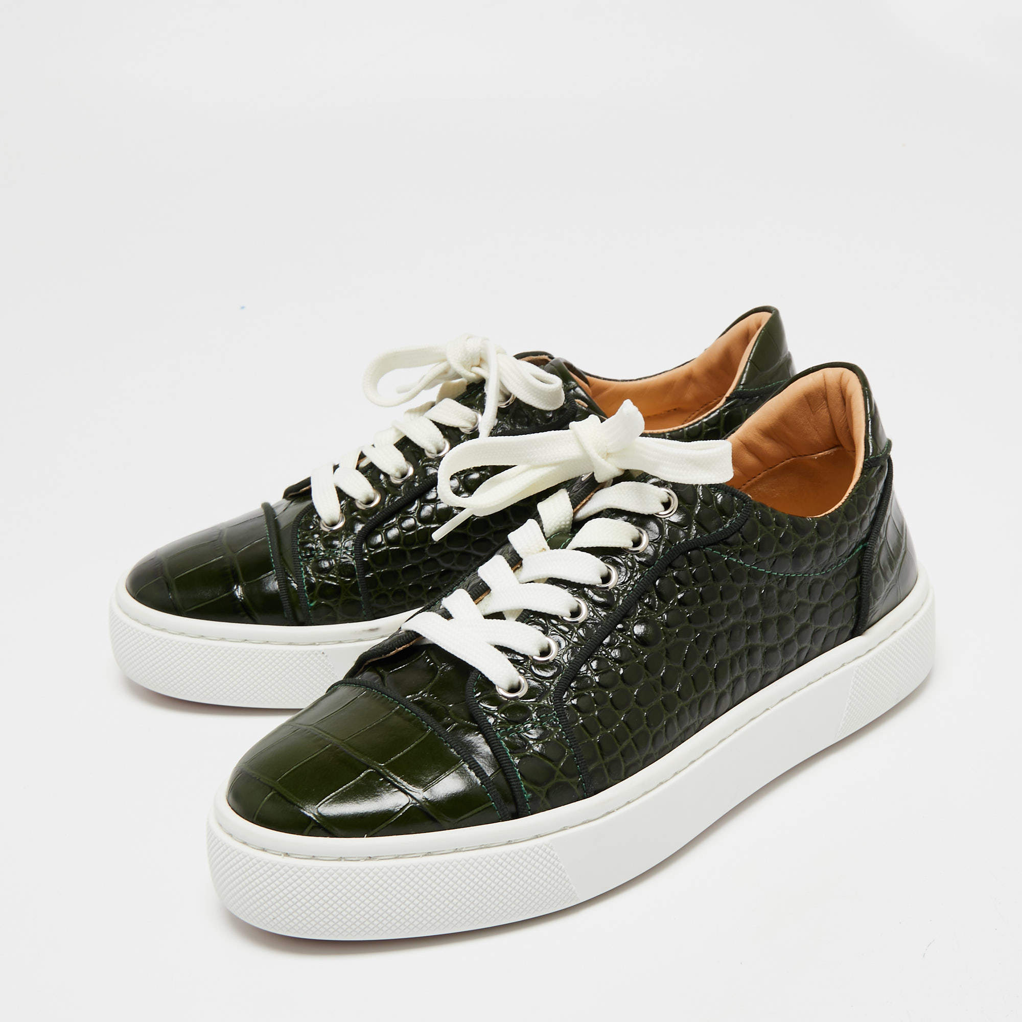 Christian Louboutin Green Croc Embossed Leather Lace Up Sneakers Size 39 Christian Louboutin TLC