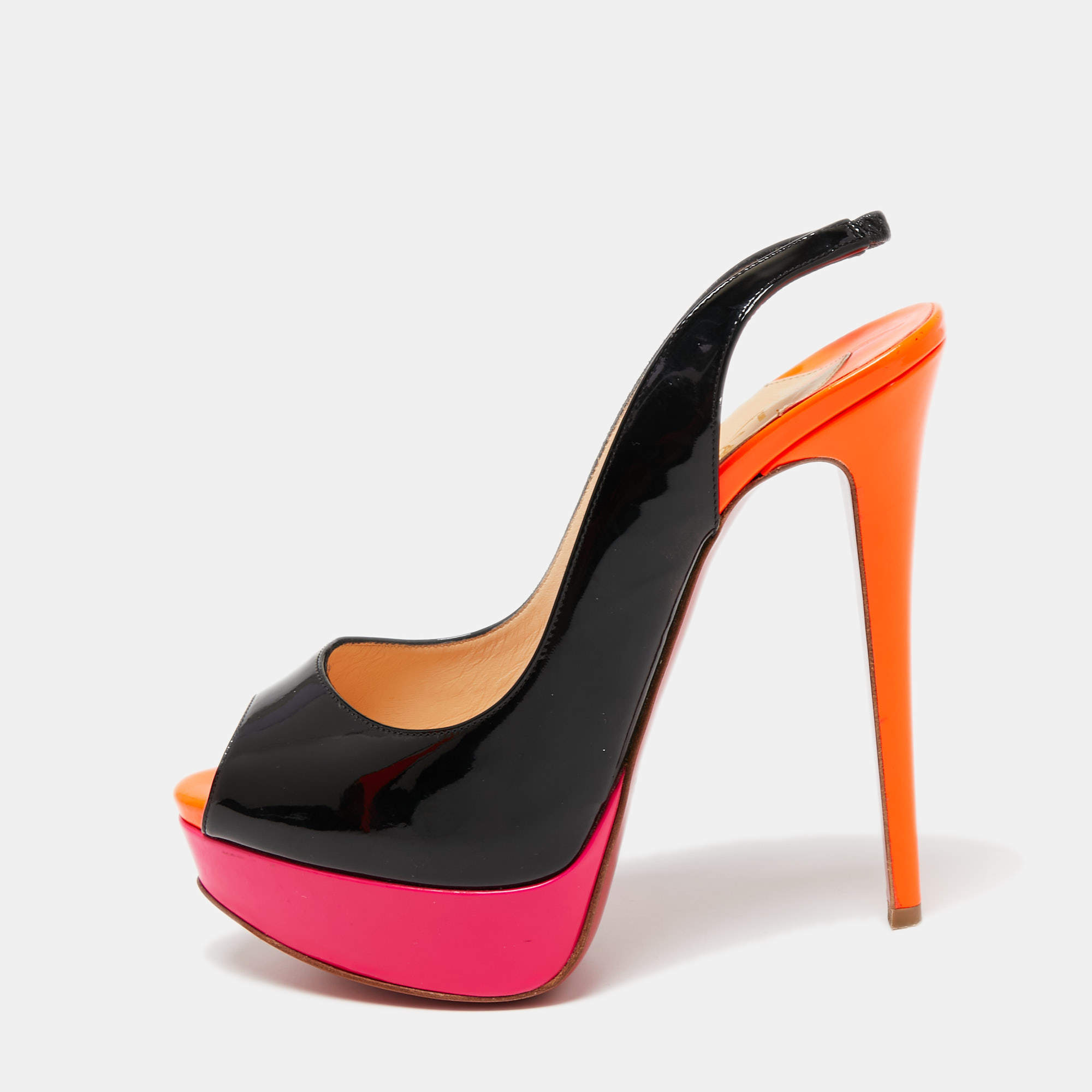 Christian Louboutin Tri-Color Patent Leather Lady Peep Slingback Sandals Size 36.5