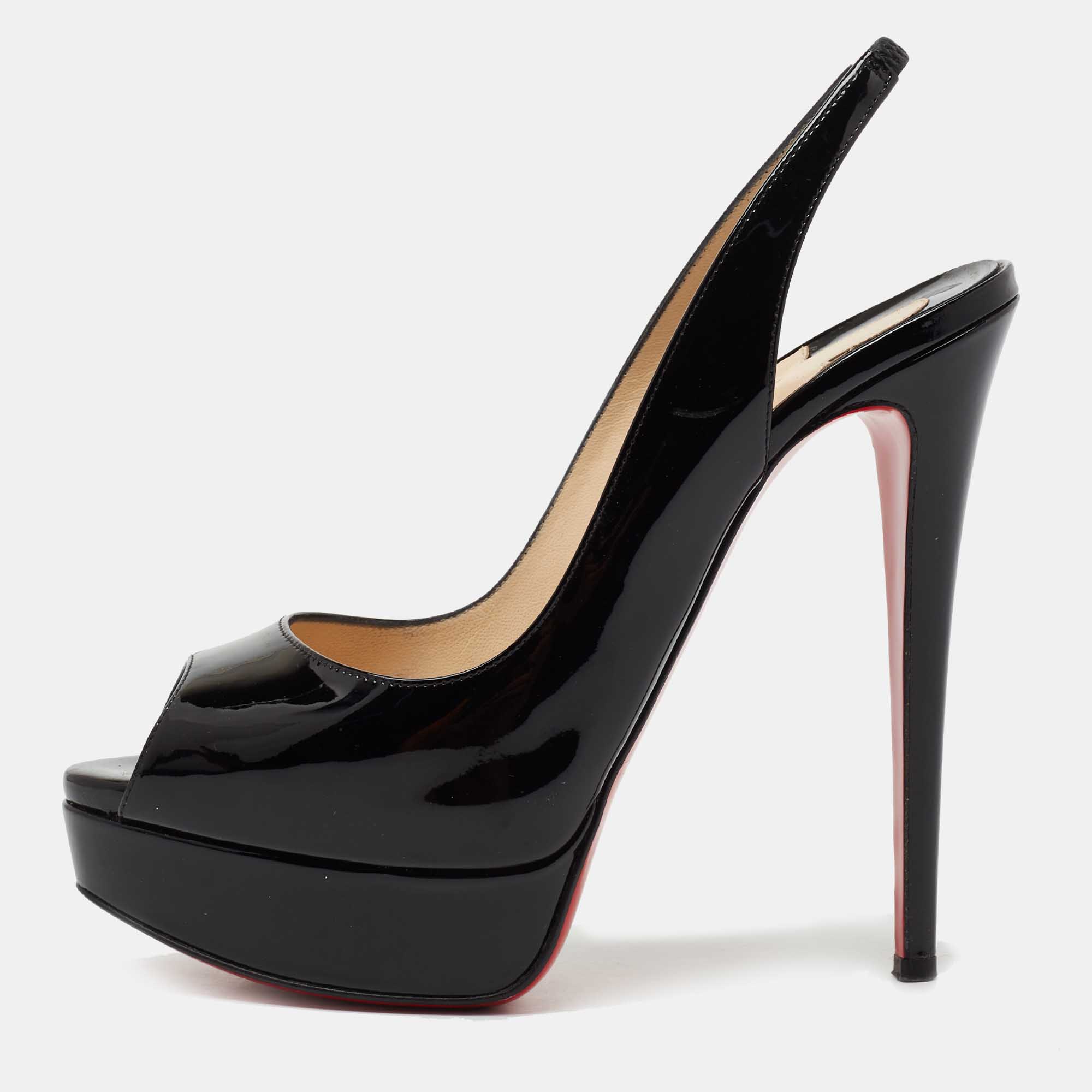 Pre Owned Christian Louboutin Black Patent Leather Lady Peep-Toe Platform Slingback Sandals Size 38