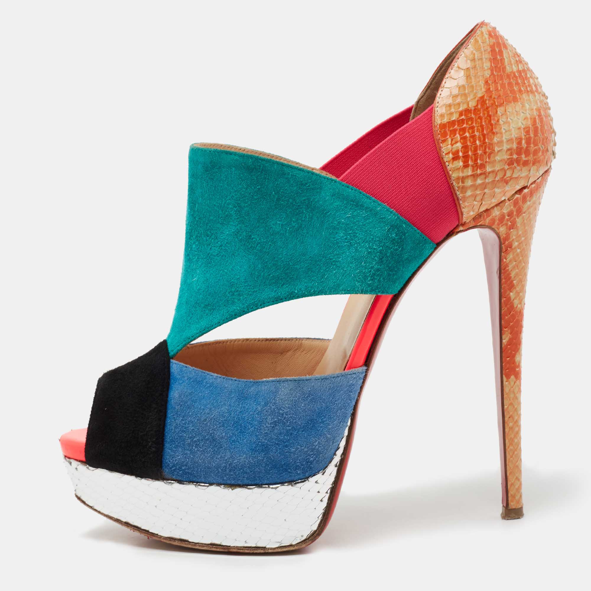 مملوكة مسبقًا Christian Louboutin Multicolor Suede and Python Leather Pitou Cut Out Platform Pumps Size 40