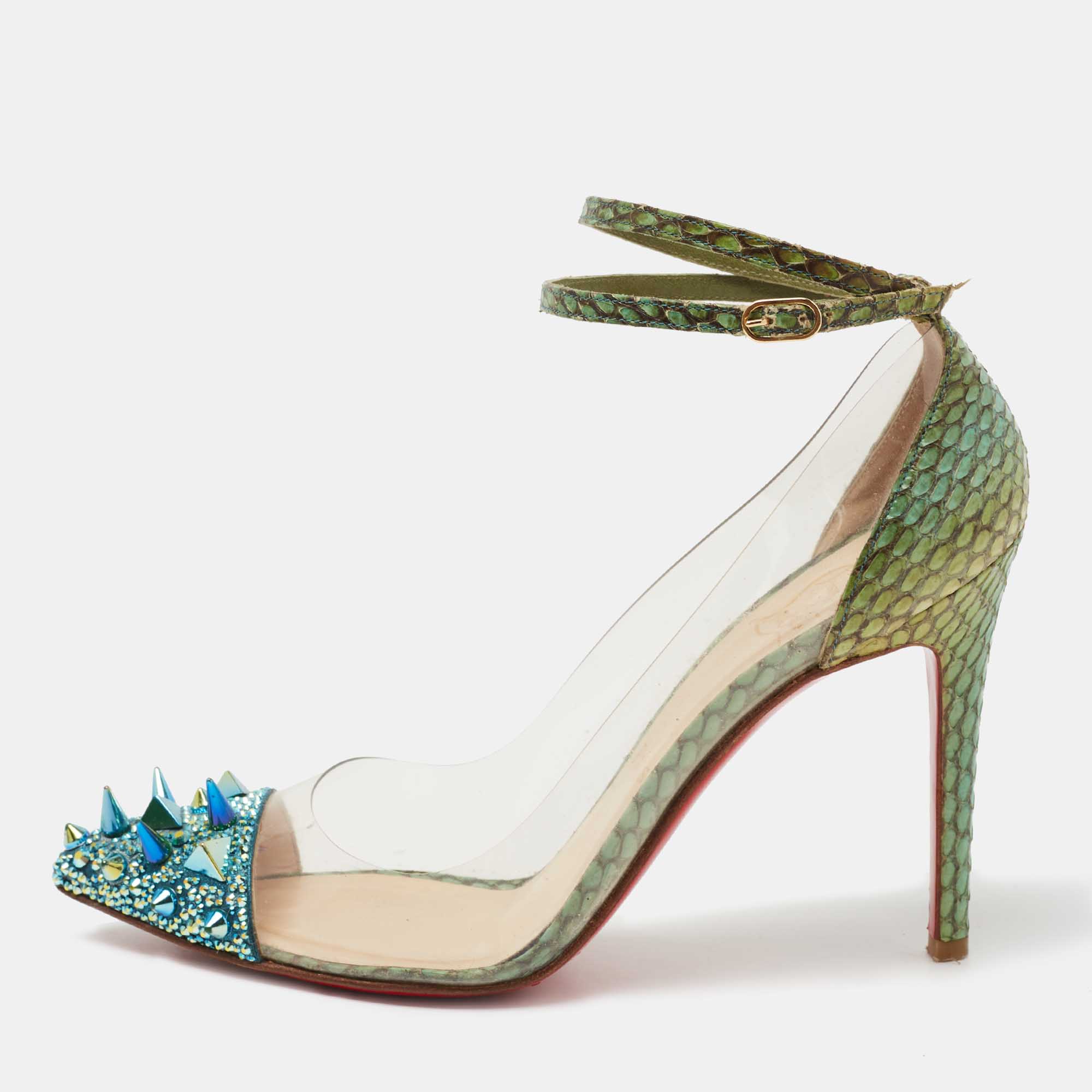 Pre Owned Christian Louboutin Green/Blue Snakeskin Leather and PVC Just Picks Spike Ankle Strap Pumps Size 37