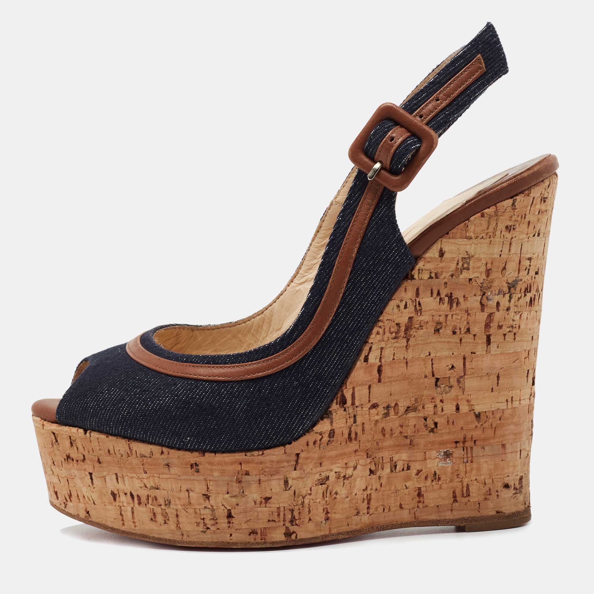 Christian Louboutin Navy Blue Denim Une Plume Cork Wedge Sandals Size 35