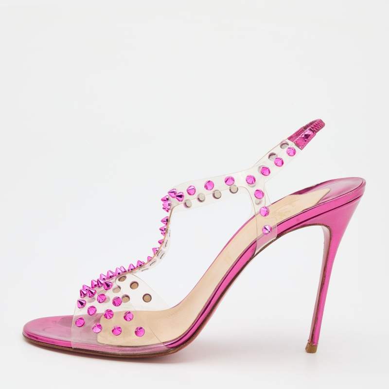 مملوكة مسبقًا Christian Louboutin Transparent PVC Spiked J- Lissimo Slingback Sandals Size 41
