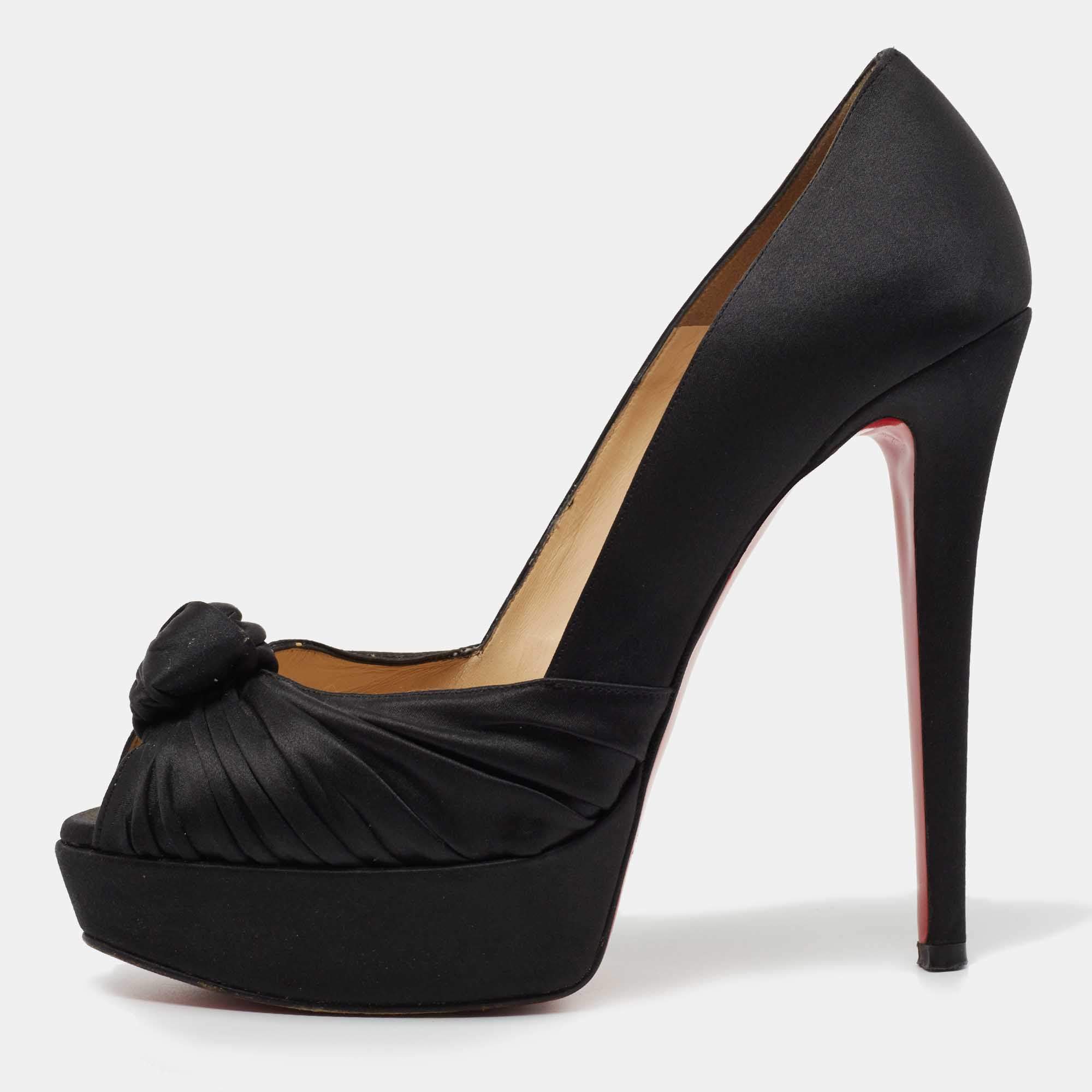 Pre Owned Christian Louboutin Black Satin Knotted Greissimo Platform Pumps Size 38