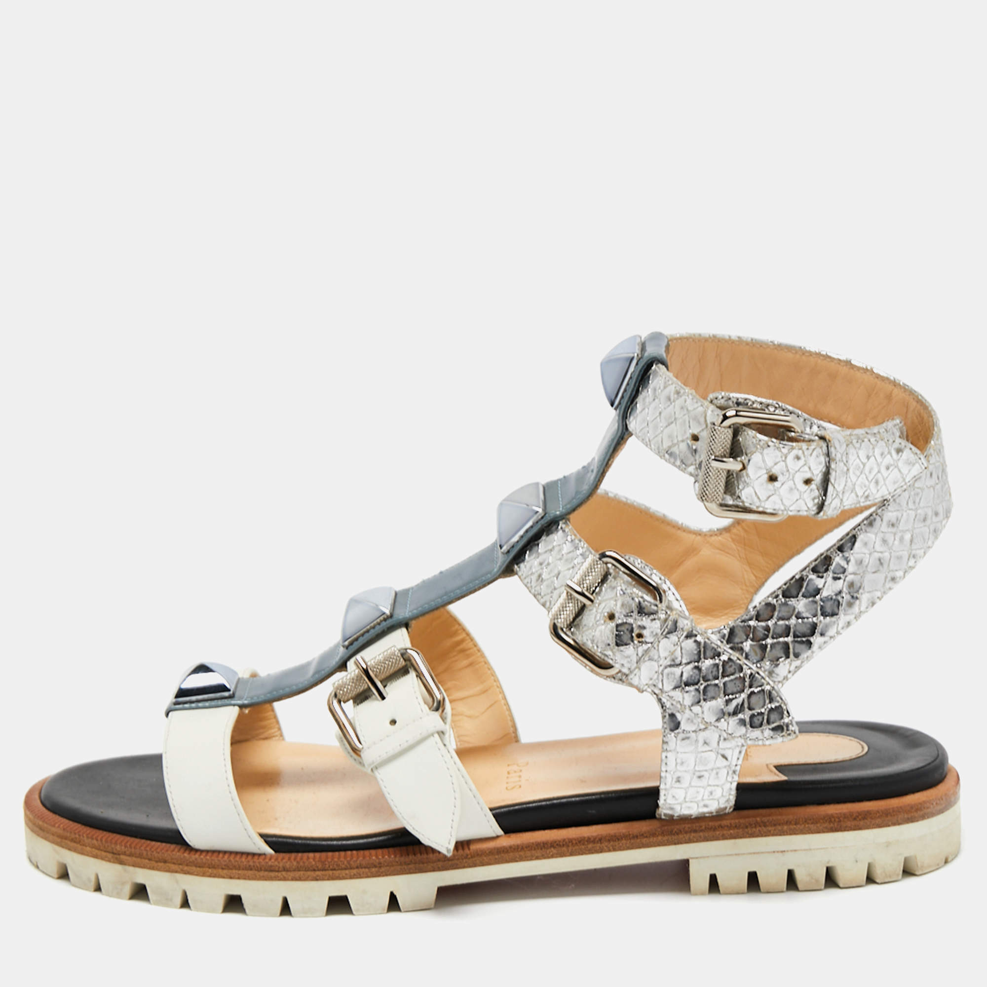 Christian Louboutin Tricolor Leather and Python Embossed Studded Rock N Buckle Flat Sandals Side 36