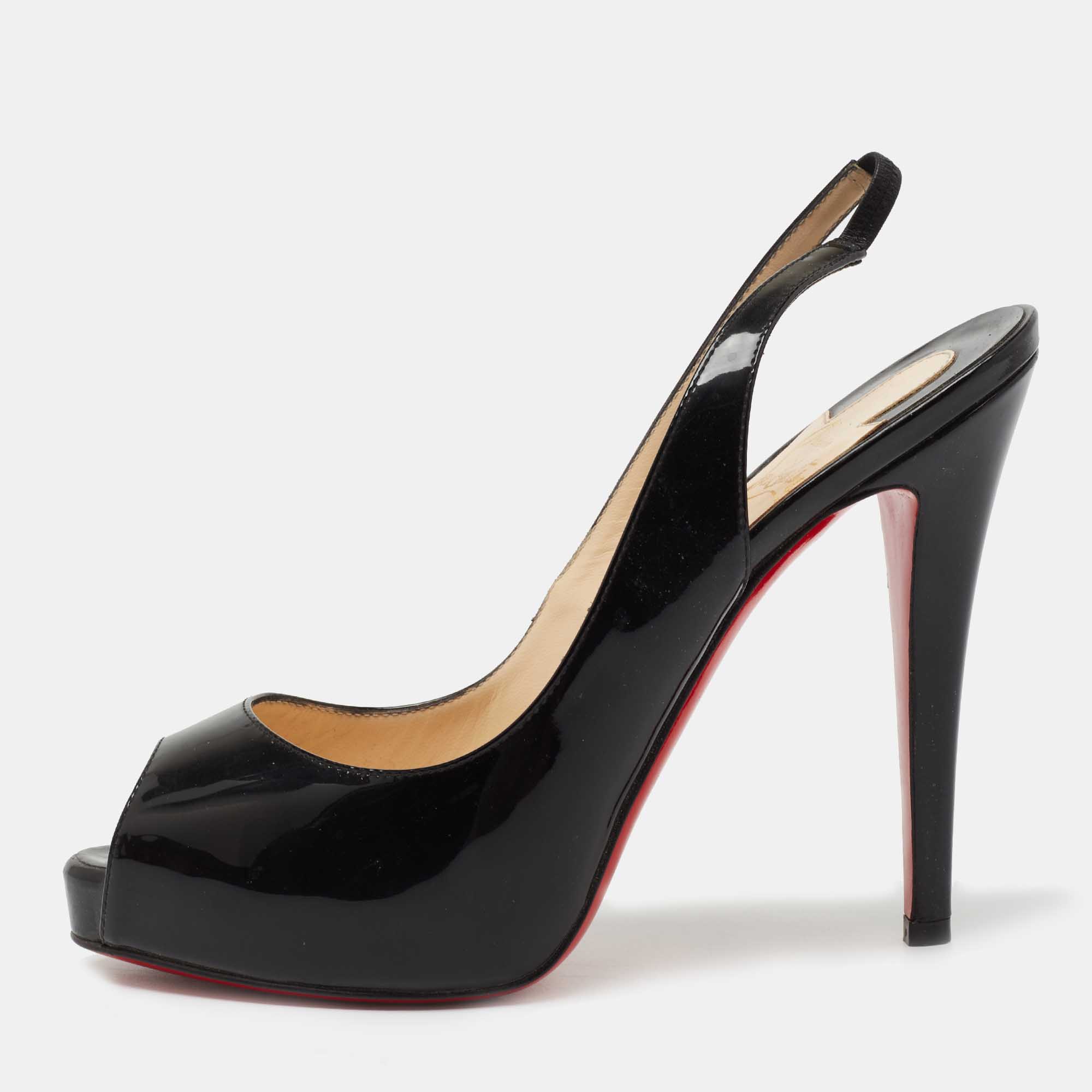 Pre Owned Christian Louboutin Black Patent Leather Private Number Peep Toe Slingback Sandals Size 38.5