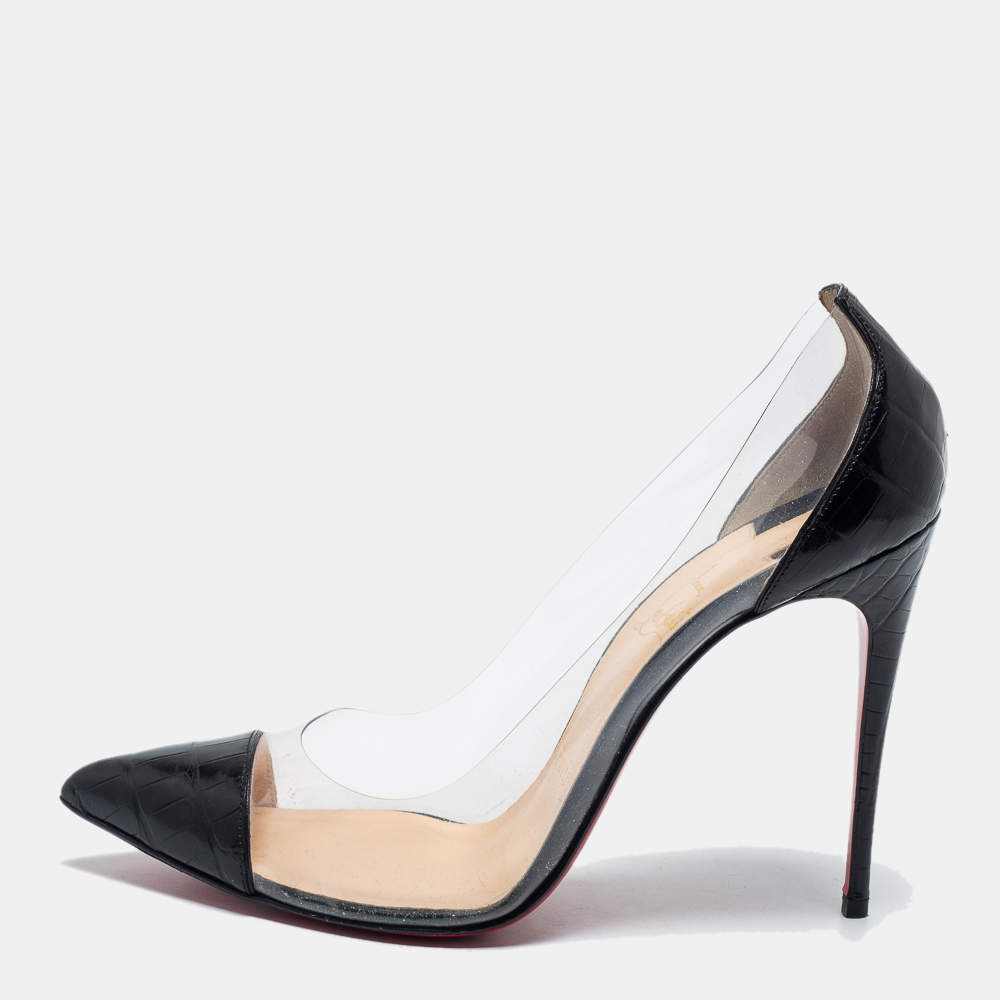 Pre Owned Christian Louboutin Black/White Croc Embossed Leather and PVC Debout Pumps Size 38