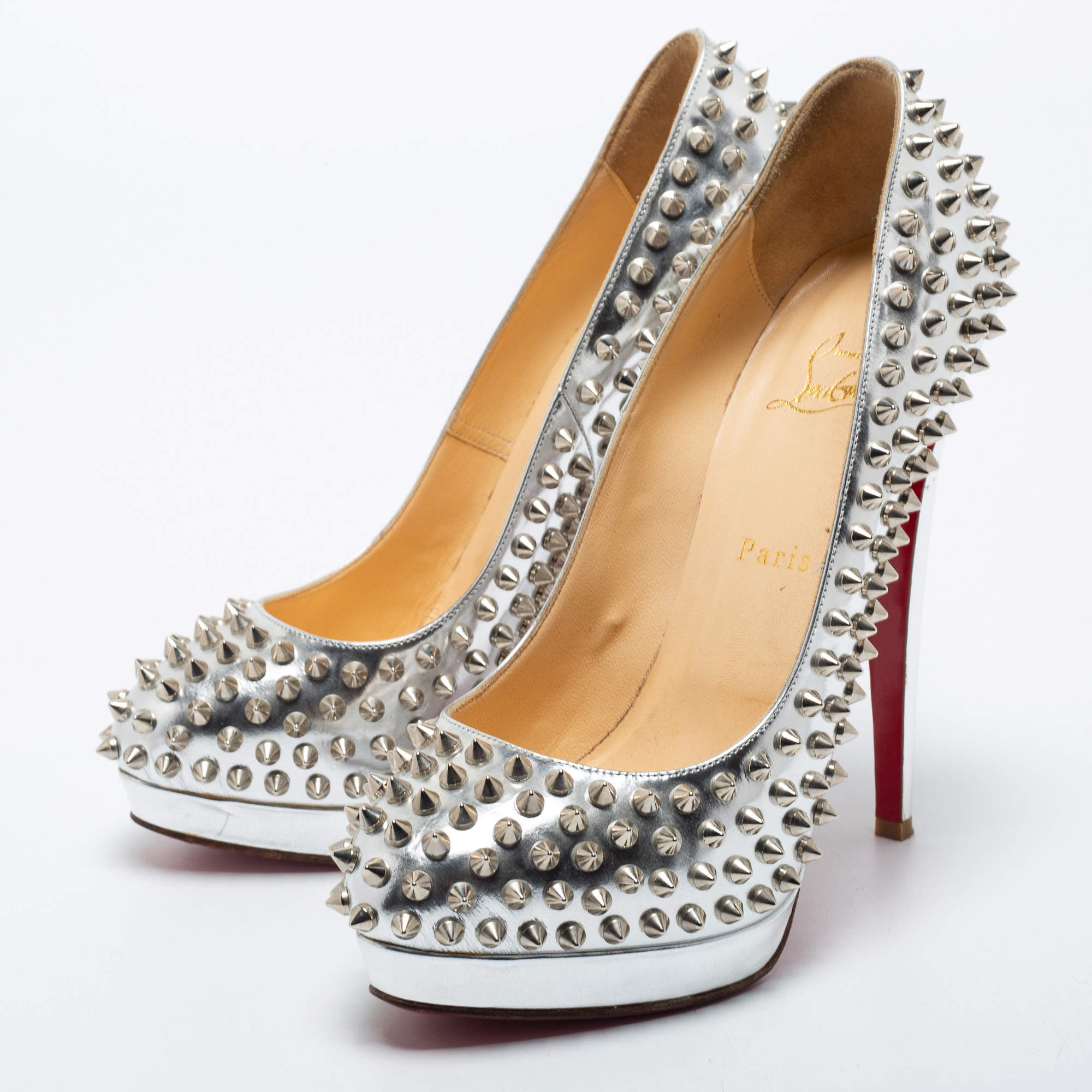 Christian louboutin silver spike 2024 heels